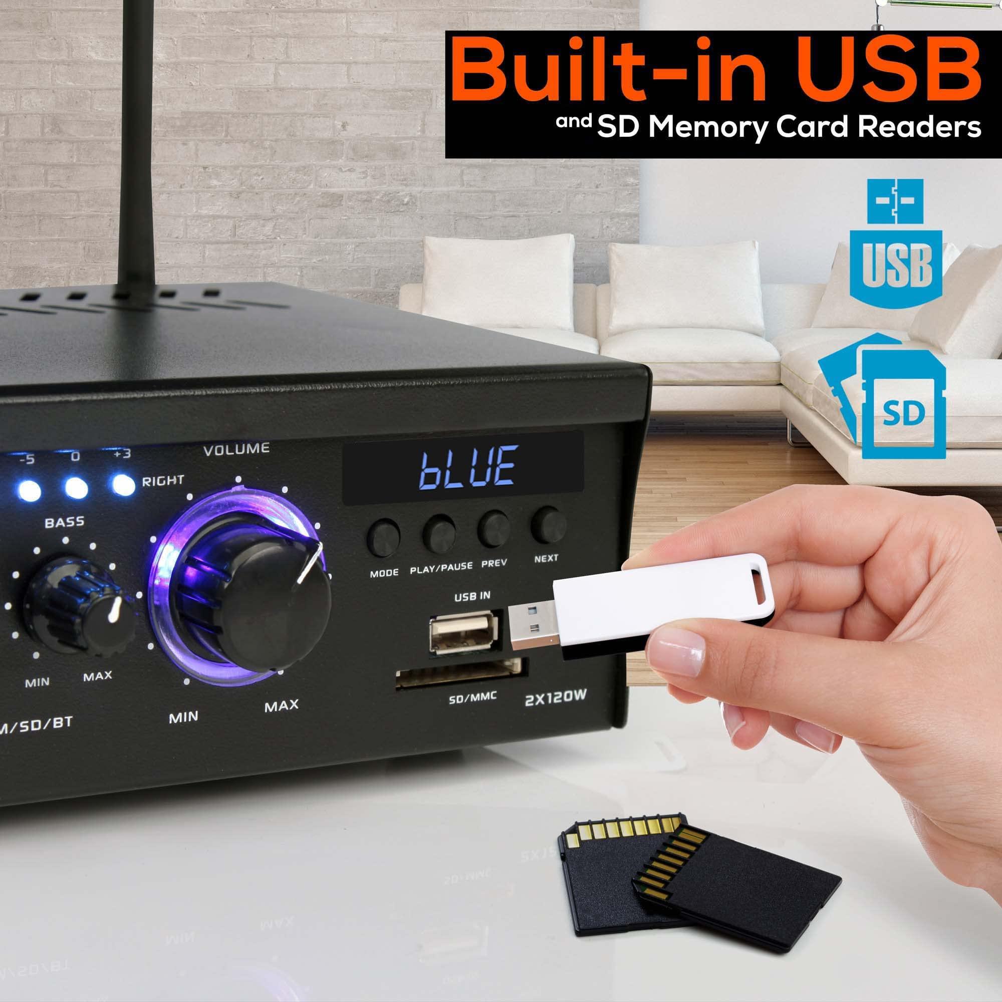 Pyle PyleUsa Bluetooth Computer Speaker Amplifier - 2x120 Watt Home Stereo Power Amplifier Home Audio Receiver System W/Blue Led Display, USB/SD, AUX, RCA, Headphone Jack - Remote - PCAU46BA.6