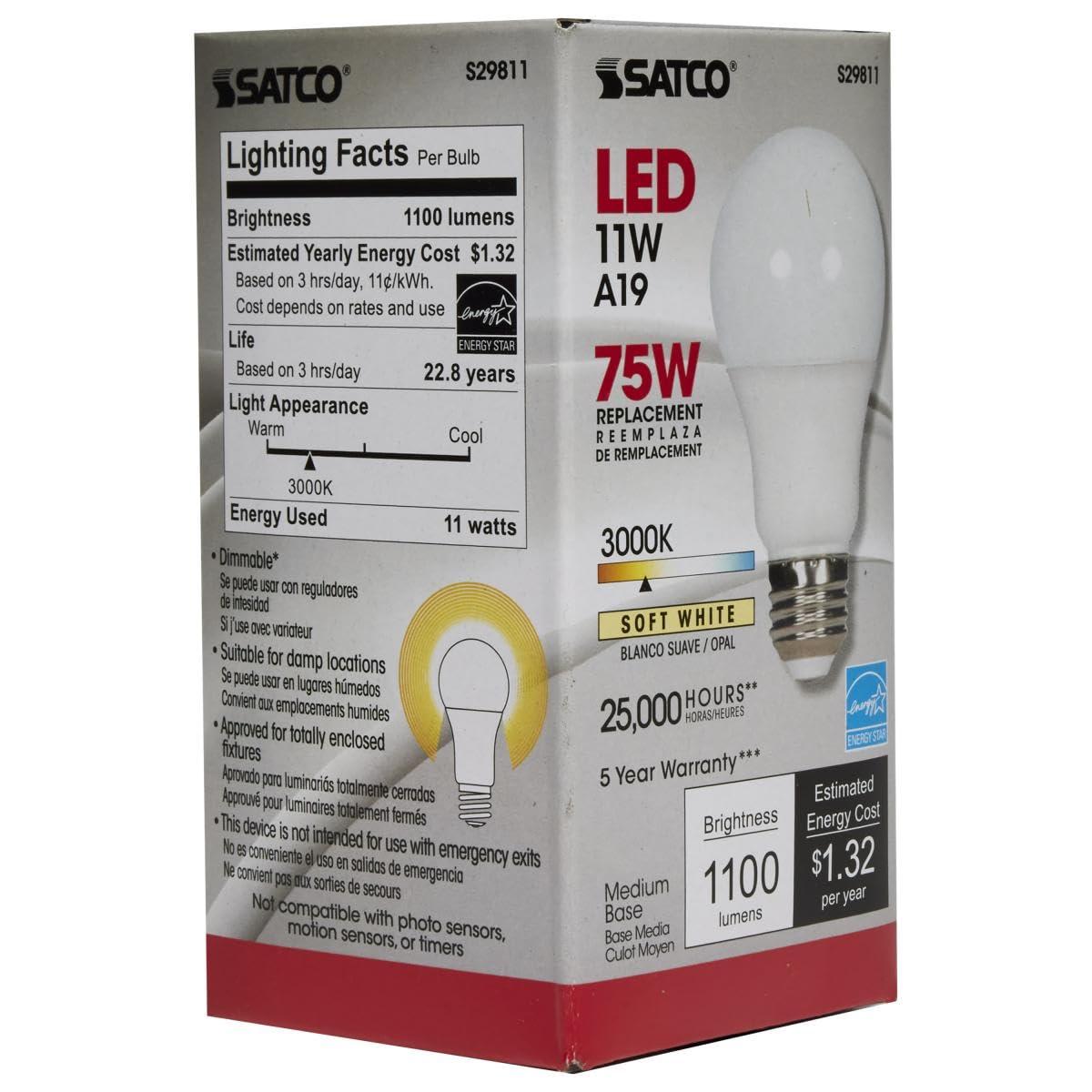 Satco Satco Lighting S29811-11 Watt A19 LED Dimmable Frosted Light Bulbs - 3000K - Medium Base - 1100 Lumens - 220 Degree Beam Angle -120 Volts (6 Pack)
