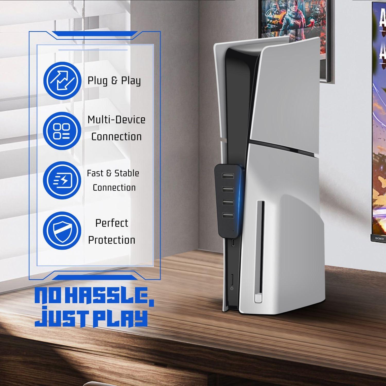 TNP Products TNP 4 Port USB Hub for PS5 Slim Edition - High-Speed USB 2.0 Port Extender Adapter Accessories Expansion Hub Connector Expander for PlayStation 5 Slim ONLY, Black