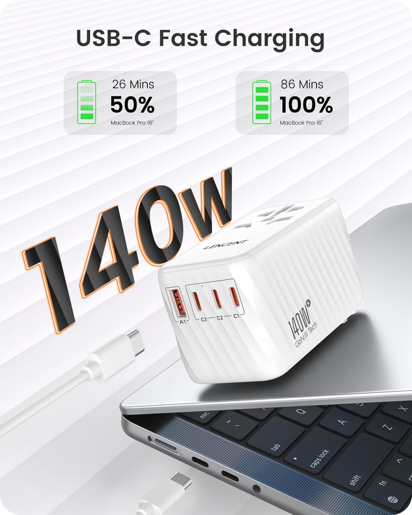 LENCENT LENCENT 140W Universal Travel Adapter, International Plug Adaptor, GaN Fast Charger with 3 PD3.1 Type C+1 QC USB A, All in One Travel Essentials, Worldwide Plug Adapter for USA/UK/EU/AU, White
