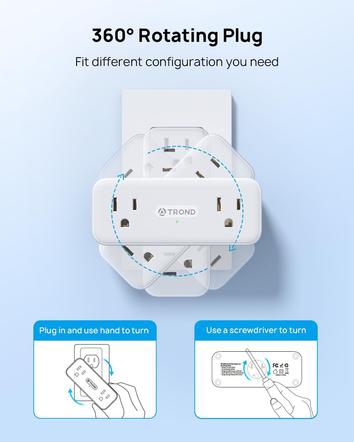 TROND TROND Flat Plug Power Strip & 360 Rotating Outlet Extender Surge Protector