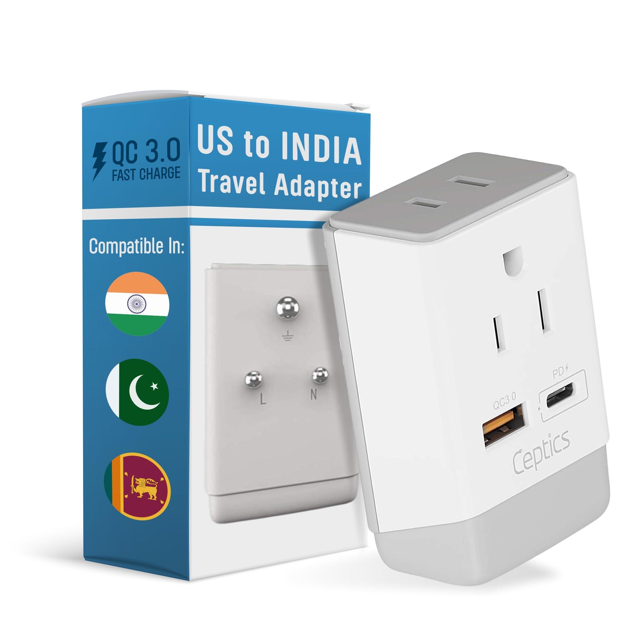 Ceptics Ceptics US to India Plug Adapter, Type D Plug Adapter QC 3.0 & PD, Safe Dual USB & USB-C 18W, India Plug Adapter Fast Charging - Powerful 2 USA Sockets - Use in Pakistan Nepal Sri Lanka - AP-10