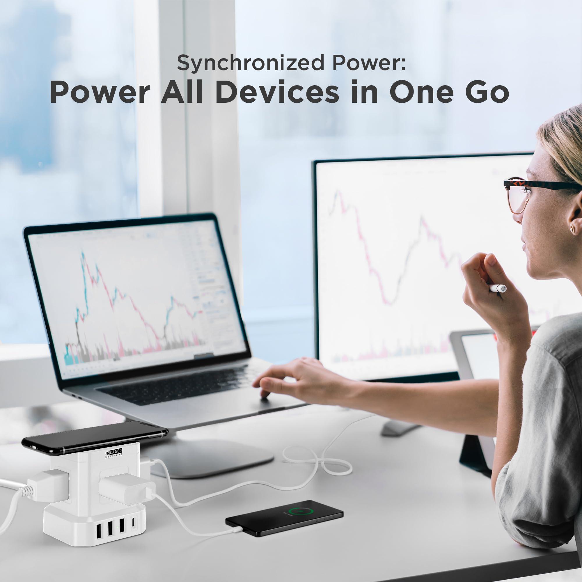 Uncaged Ergonomics Wireless Charger Cube Power Strip with USB Ports, Power Strips with Surge Protection, 10ft Extension Cord with Multiple Outlets, 4 AC Plugs, 3 USB, 1 USB-C Fast Charging, Mountable On/Off Switch