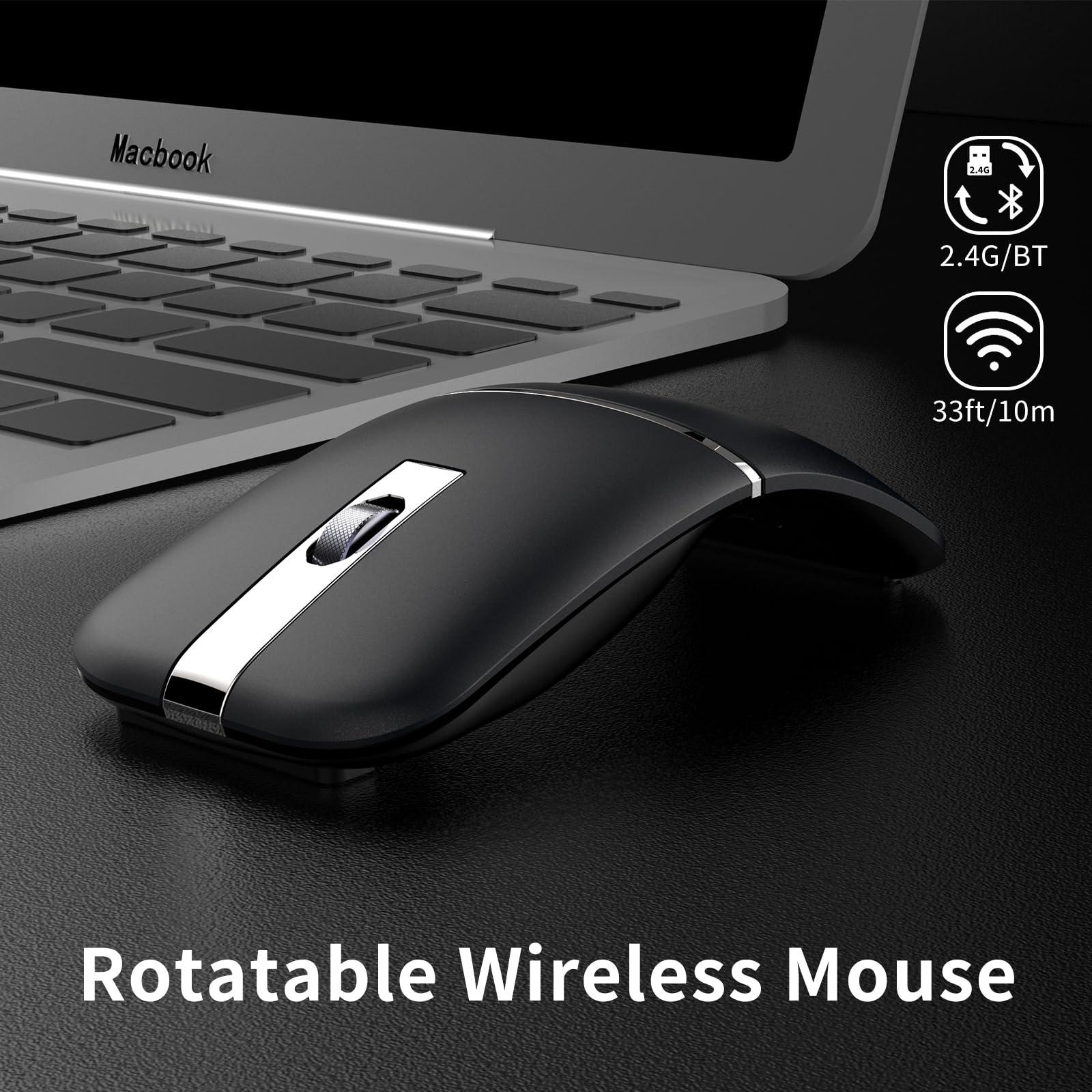 WUDEMWWFE Bluetooth Arc Mouse Wireless Silent Travel Mouse Rechargeable with BT & 2.4G Dual Mode, Slim Rotatable Portable Mobile Mouse, USB Optical Computer Mice for PC Laptop Macbook iPad iPhone Tablet - Black
