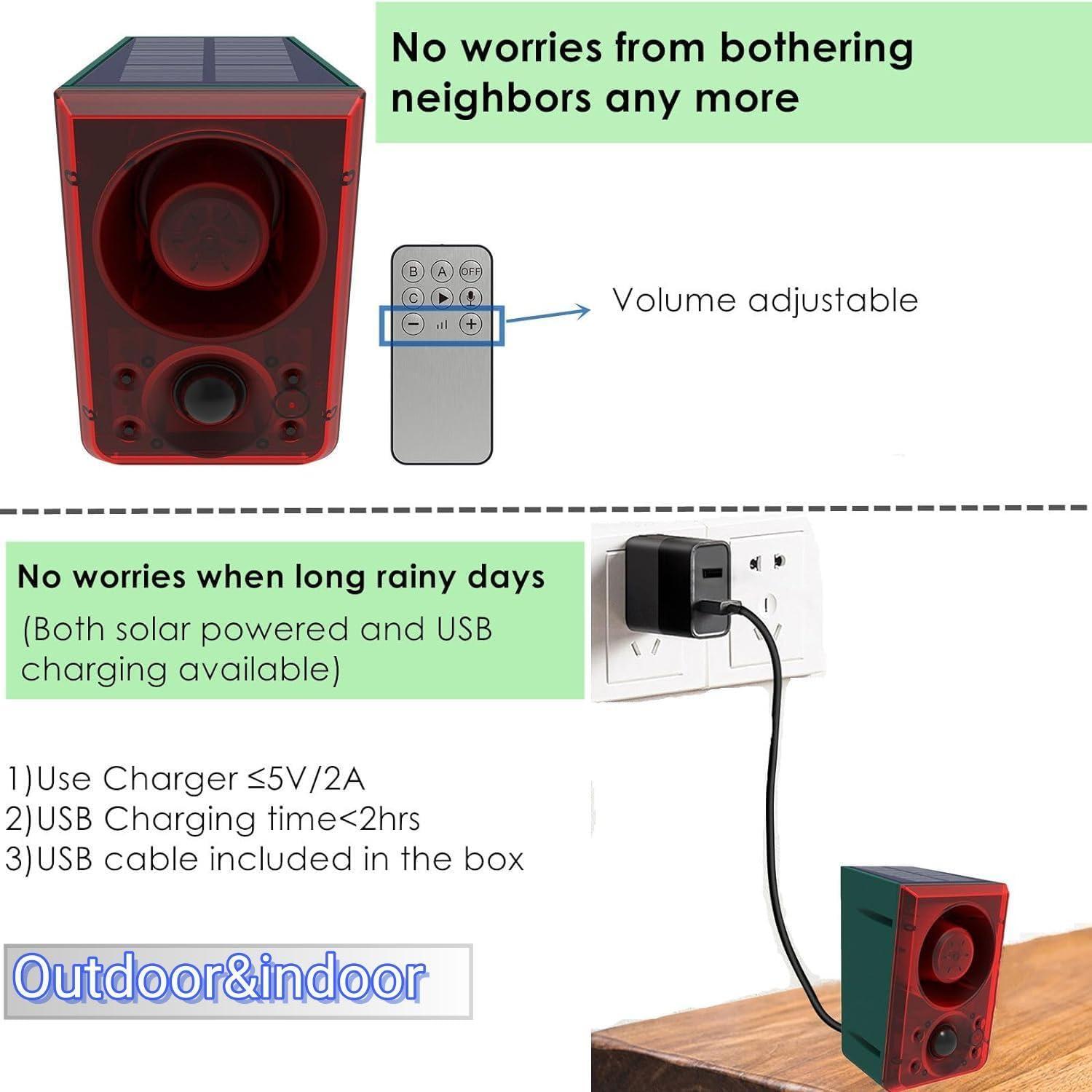 HULPPRE HULPPRE Solar Outdoor Motion Sensor Alarm-Dog Barking or Gunshot Sound,Support Recording&Volume,130db Loud Noise Maker,3 Work Modes Strobe Light with USB,Say Goodbye to The Intruders