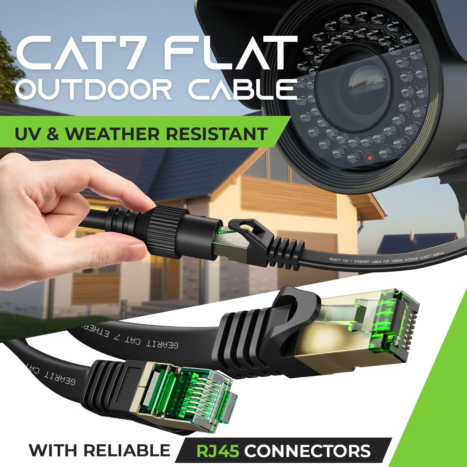 GearIT GearIT Cat 7 Outdoor Flat Ethernet Cable (100ft, Black) Direct Burial Rated LLDPE Jacket - Indoor Cat7 Shielded FTP 600MHz 10Gbps High Speed Gaming Computer Network RJ45 Snagless Patch Cord Internet