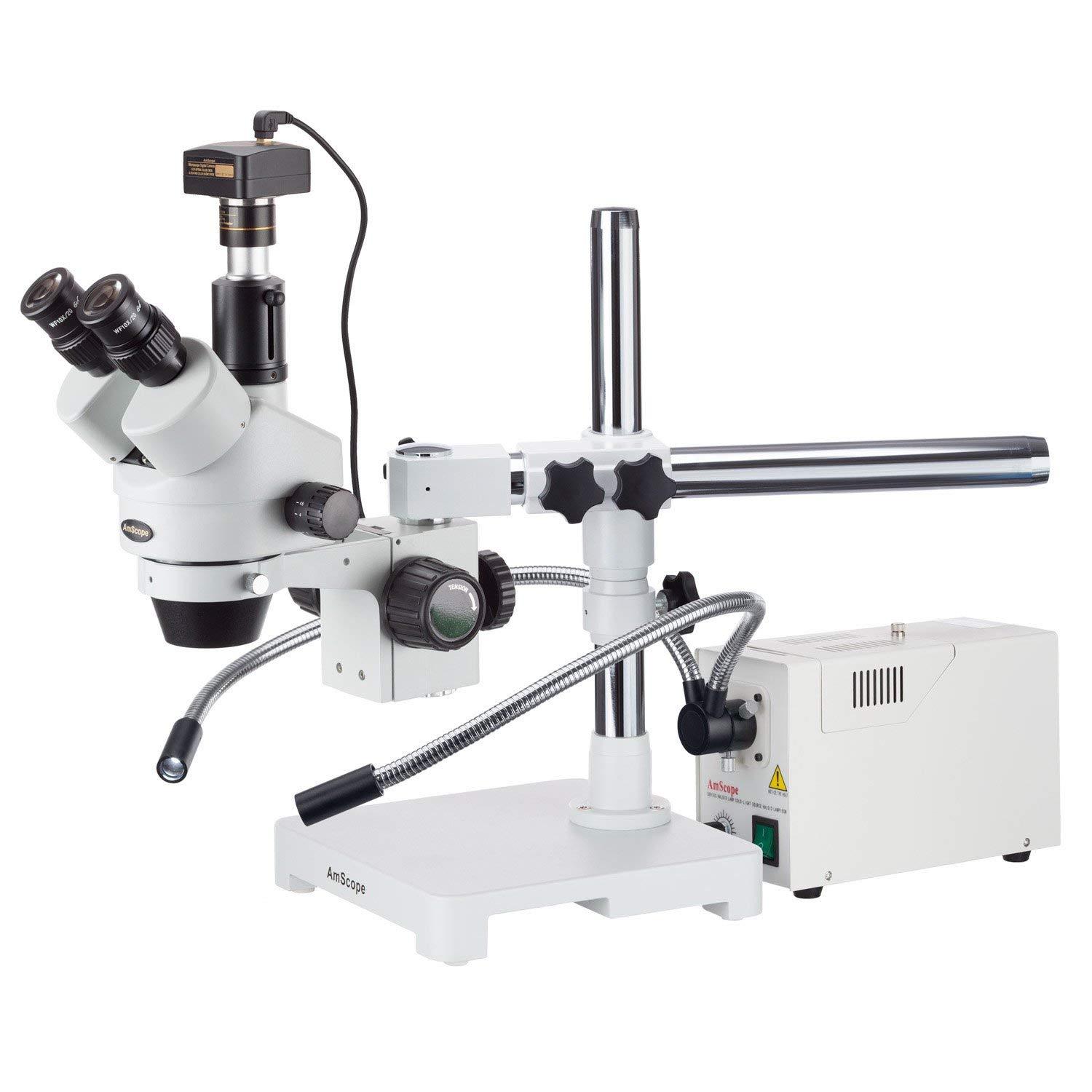 AmScope AmScope SM-3TZ-FODR-10M Digital Professional Trinocular Stereo Zoom Microscope, WH10x Eyepieces, 3.5X-90X Magnification, 0.7X-4.5X Zoom Objective, Fiber Optic Dual-Gooseneck and Ring Light, Single-Arm Boom Stand, 110V-120V, Includes 0.5X and 2.0X Bar