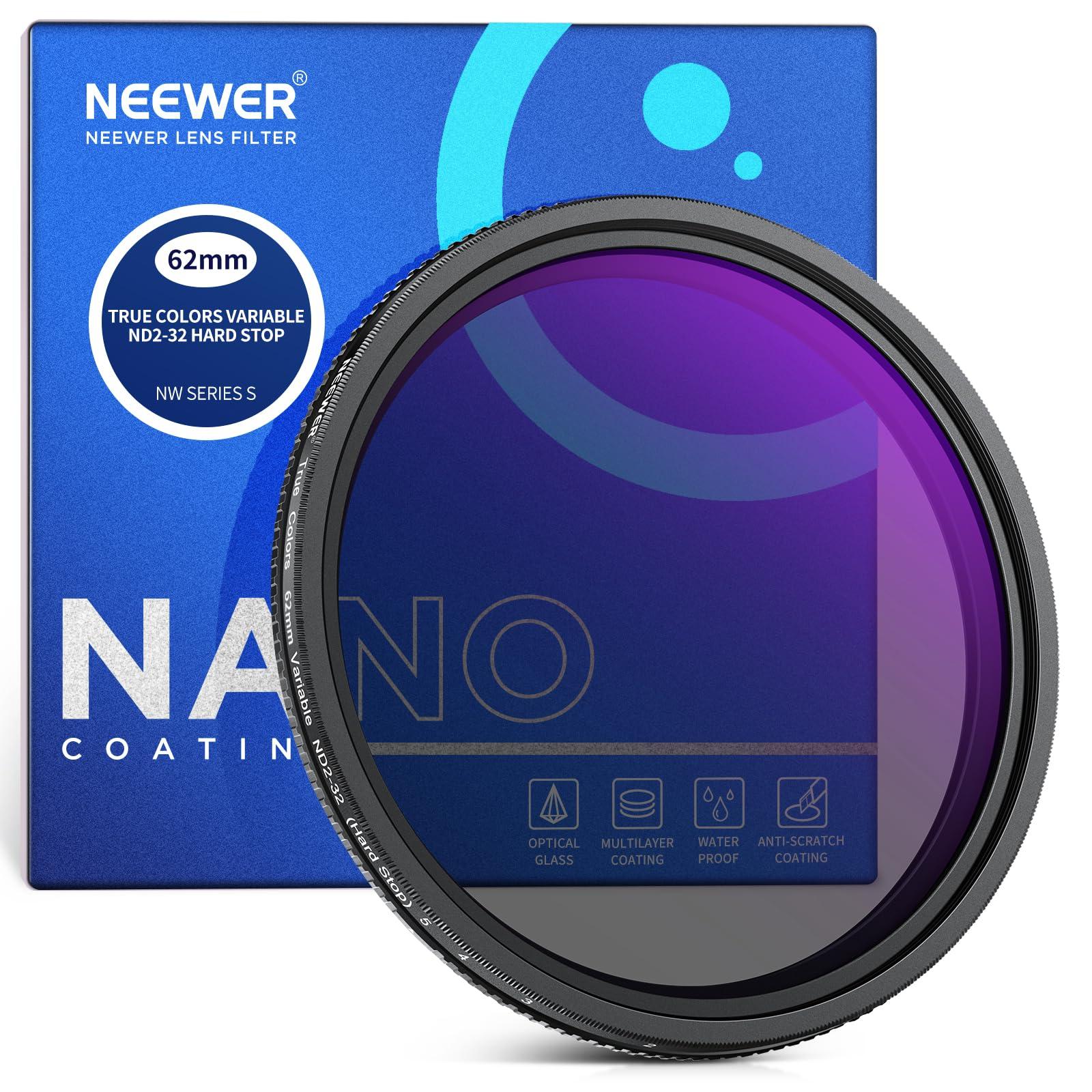 NEEWER NEEWER 62mm True Colors Hard Stop Variable ND Filter ND2-32 (1-5 Stops) Limited Neutral Density Filter, Multi Coated HD Optical Glass/No X Cross/Aluminum Frame/Water/Scratch/Fingerprint Resistant