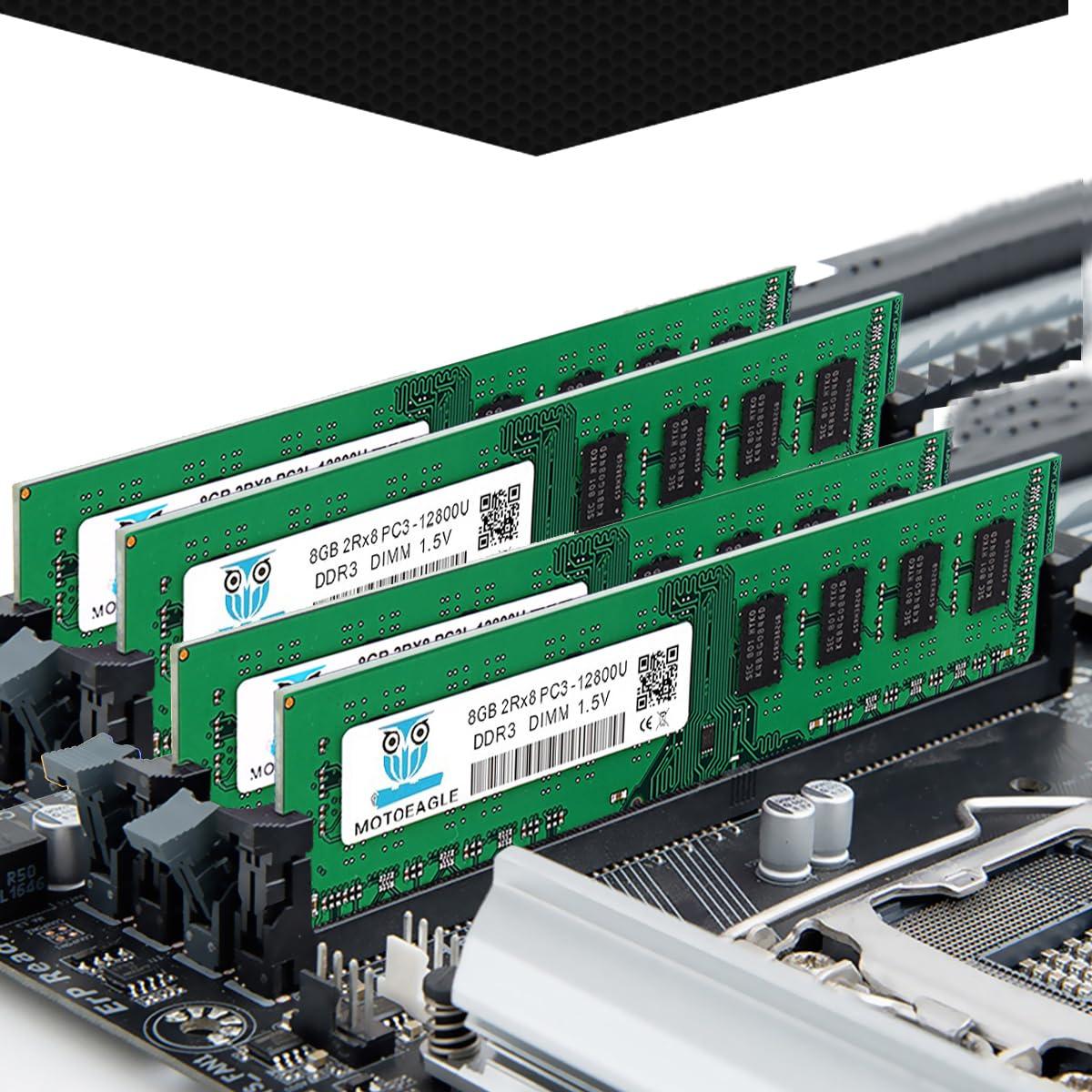 MOTOEAGLE DDR3 RAM 32GB 32GB (4X8GB) PC3-12800U DDR3-1600 UDIMM 2Rx8 DIMM RAM DDR3 8GB 1600MHz SDRAM 240-Pin 1.5V CL11 Non-ECC Desktop PC Memory Kit