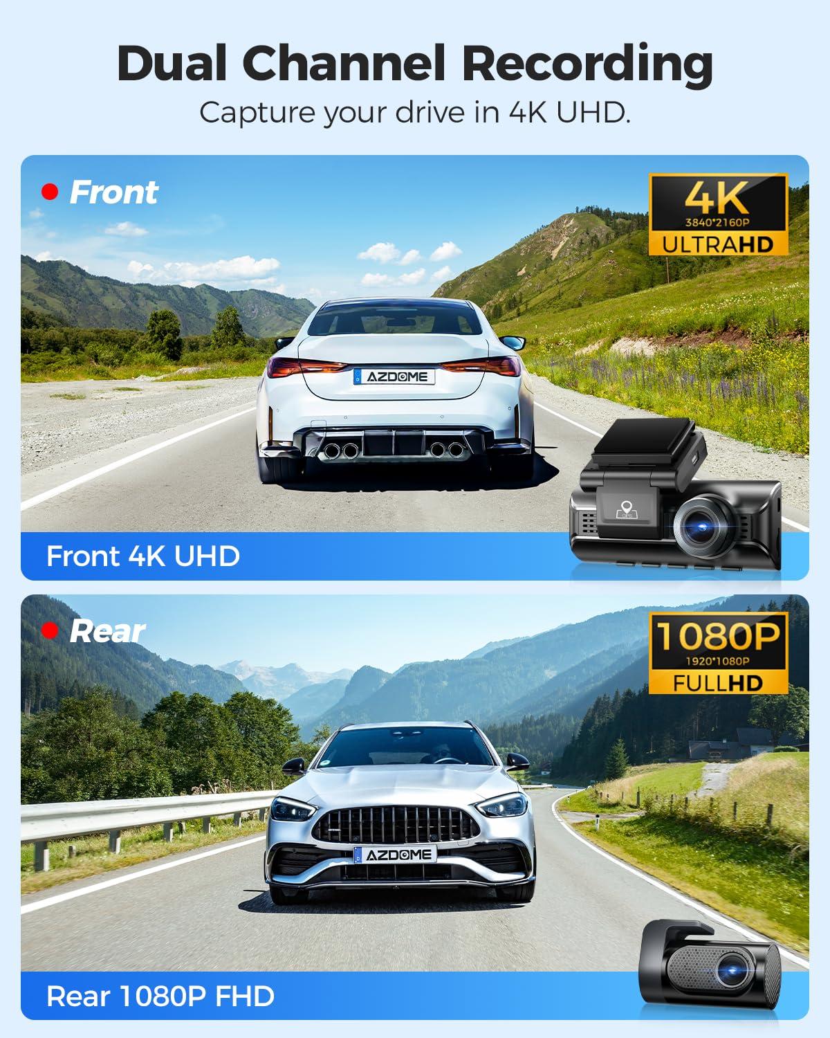 AZDOME AZDOME M550 Pro 5G WiFi 3 Channel Dash Cam Built-in GPS, 4K Dual Dash Camera Front and Rear with 64GB Card, 2.5K+1080P+1080P Triple Car Camera, 3.19" IPS Screen, IR Night Vision, 24H Parking Mode