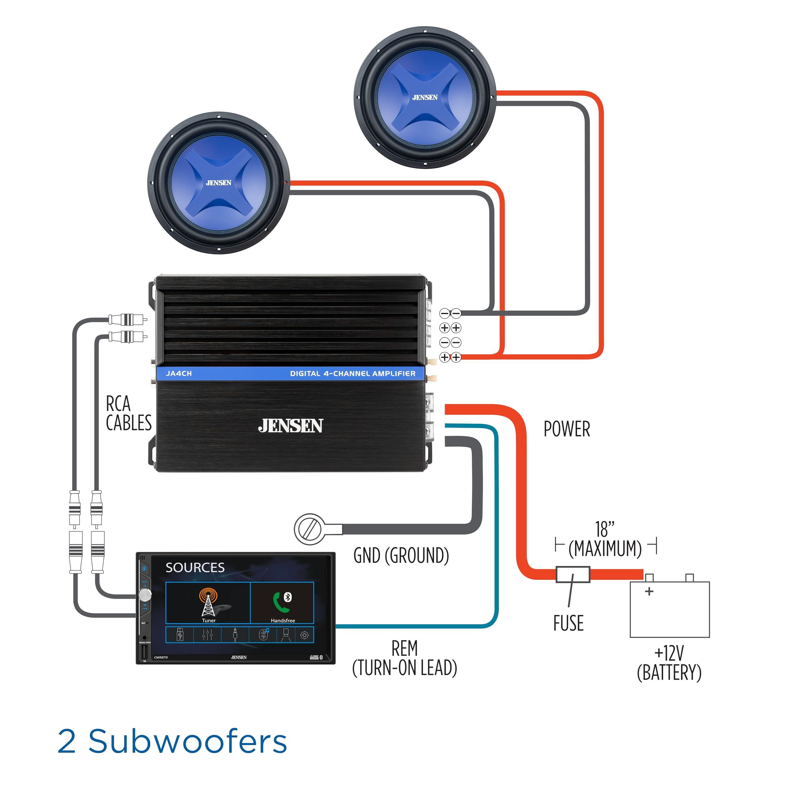 Jensen Jensen JA4CH Class-D 4-Channel Amplifier Car Audio | Motorcycle Audio | 1000 Watts Peak Power | Compact Design | Bridegeable | New