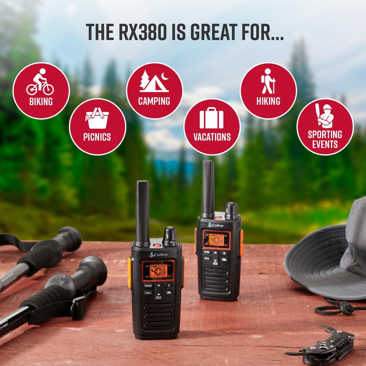 Cobra Cobra RX380 Walkie Talkies (2-Pack) Weather Resistant Two Way Radios Long Range, 40 Pre-Programmed Channels, Weather Alerts, LED Flashlight, Long-Life NiMH Batteries (Black)