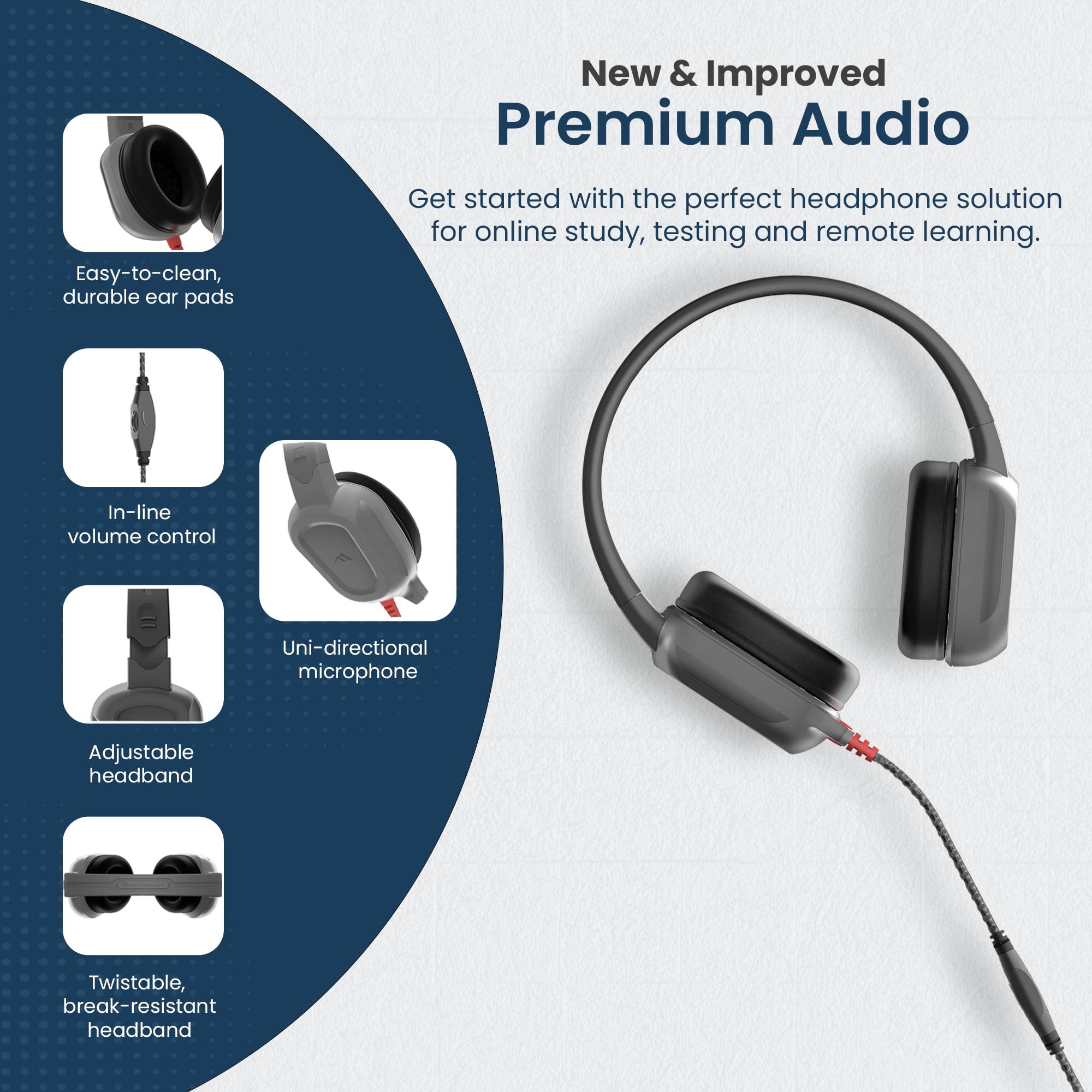 Brenthaven Brenthaven Wired Headphones with Mic | 3.5 mm Jack On-Ear Rugged 2 Adjustable Headphones with Long Tangle Free Cord - Lightweight Durable & Drop Tested School Supplies for Kids & K-12 Students - Gray