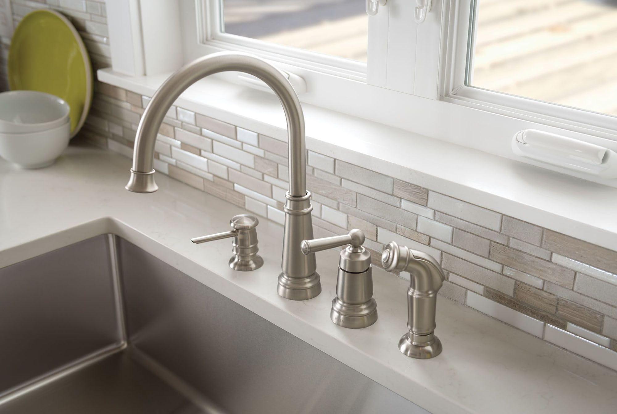 Moen Moen Spot Resist Stainless One-Handle High Arc 4-hole Kitchen Faucet with Side Sprayer and Soap Dispenser, 87042SRS