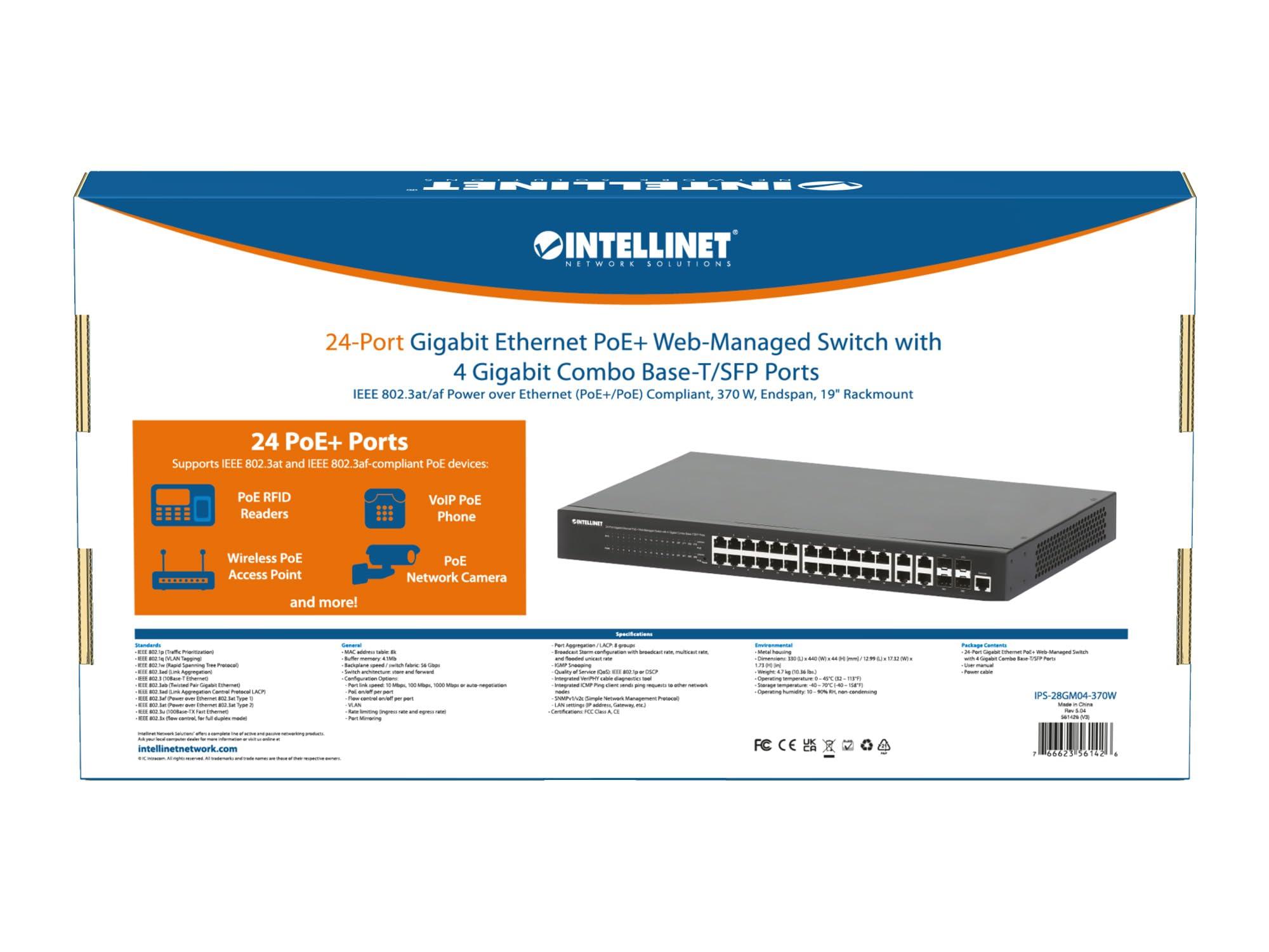 Intellinet Intellinet 24-Port Gigabit Ethernet PoE+ Web-Managed Switch with 4 Gigabit Combo Base-T/SFP Ports, 370W, Endspan, 19" Rackmount - 561426
