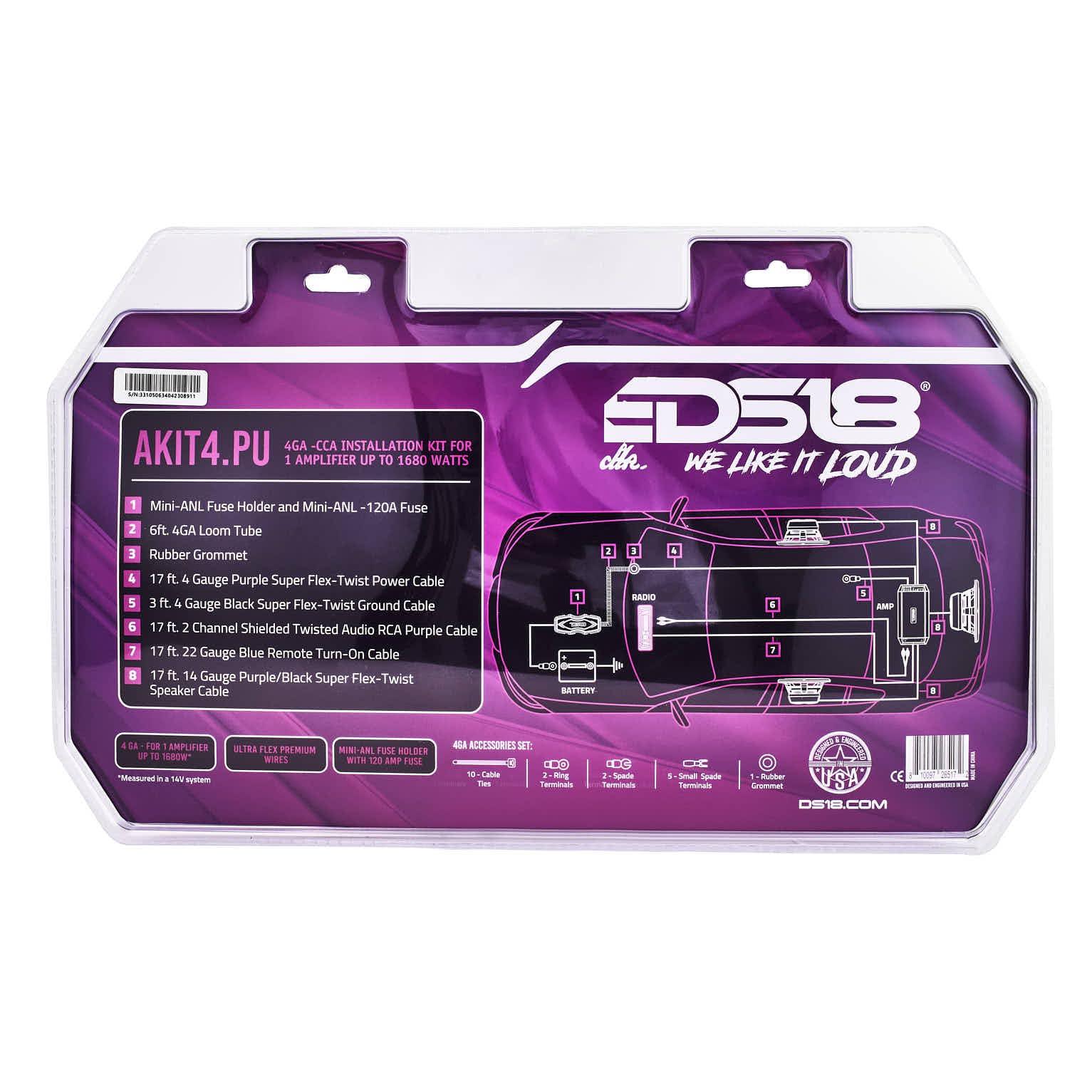 DS18 DS18 AKIT4.PU 4-GA Amplifier Installation Kit Up to 1680 Watts RMS, Mini-ANL Fuse Holder, Speaker & RCA Cables, CCA Amplifier Wiring Kit, Ultra Flex Wire, Amp Wire Kit, Amp Wiring Kit 4 Gauge - Purple