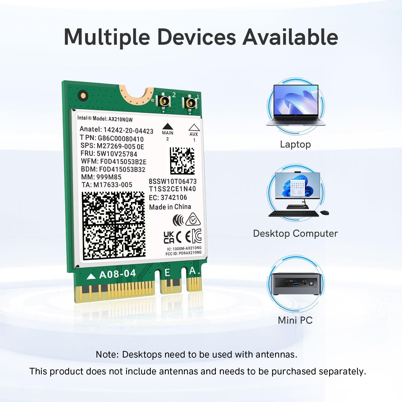 QFly QFly WiFi 6E AX210 NGW Wireless Card with Bluetooth 5.3, Tri-Band 5400Mbps Network Adapter for Laptop Support Windows 10/11 (64bit) M.2/NGFF