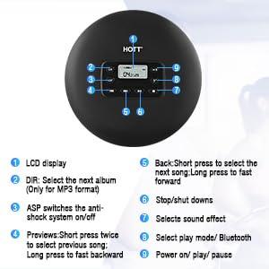 HOTT HOTT CD711T Bluetooth Rechargeable Portable CD Player for Home Travel and Car with Stereo Headphones and, Anti Shock Protection-Black