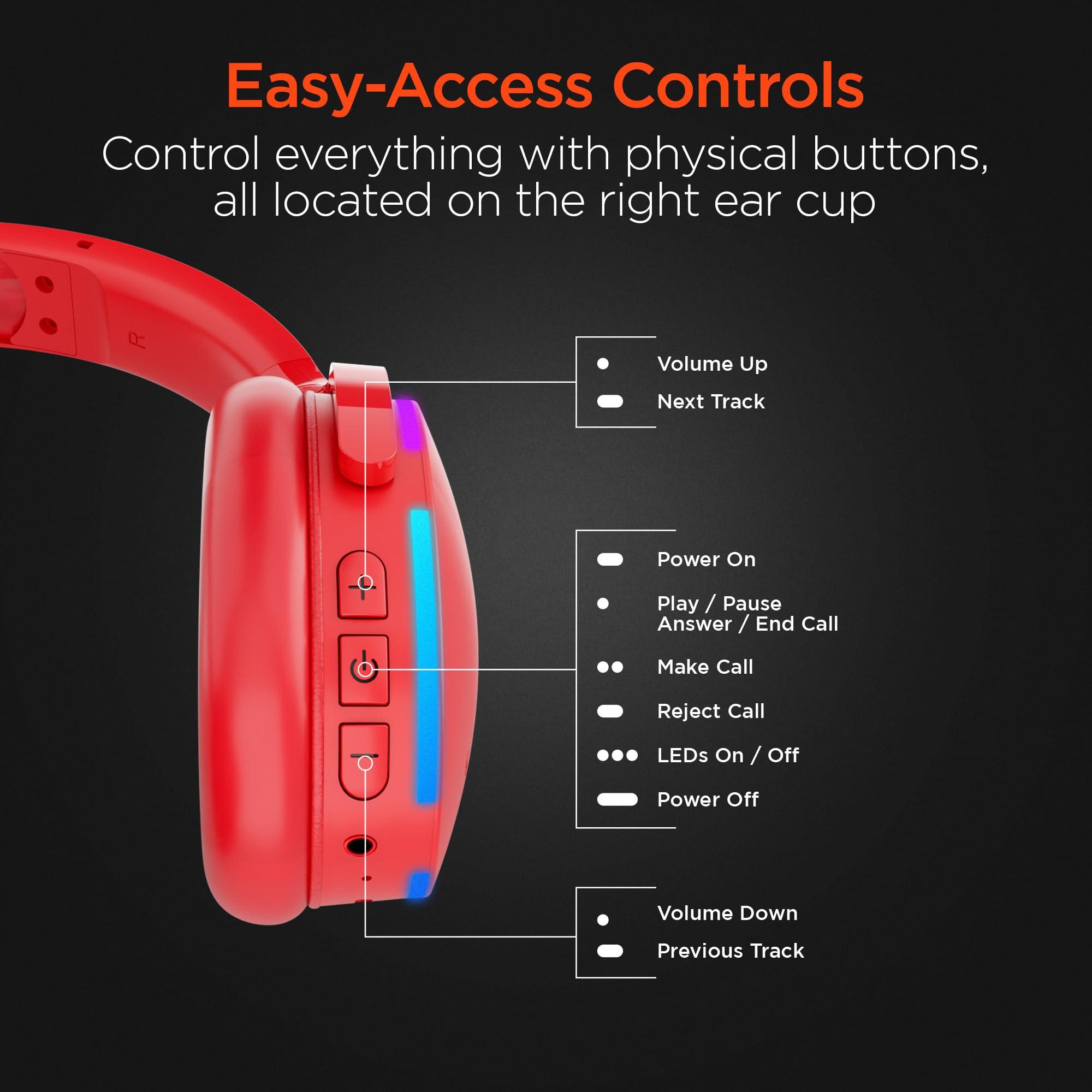 HyperGear HyperGear Wireless Bluetooth Headphones + Loud HD Stereo Sound Speaker Over-Ear Noise-Isolating Fit Headset with Built-in Mic [LED Light Up Earphones + Speaker] Red