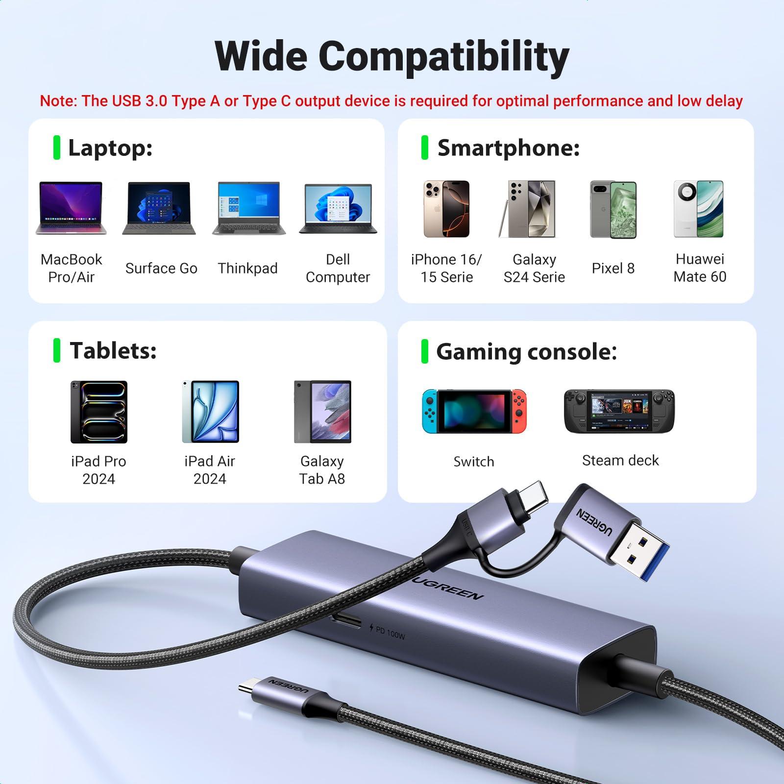 UGREEN UGREEN USB C Capture Card 1080P 60FPS 2K@30Hz Type C to USB-A/C Input Video Capture Card USB 3.0 Support 100W Fast Charge with Ultra-Low Latency for Gaming, Streaming, Compatible with Switch, iPad