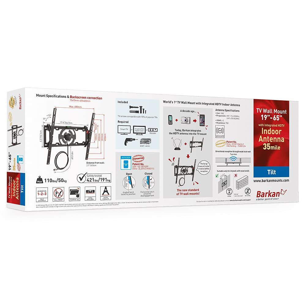 Barkan Barkan TV Wall Mount with Integrated HDTV Indoor Antenna Holds up to 110 lbs Auto Lock Patented Max Range 35 Mile Fits LED OLED LCD TVA31 Black 19 - 65 Tilt Antenna TV Mount