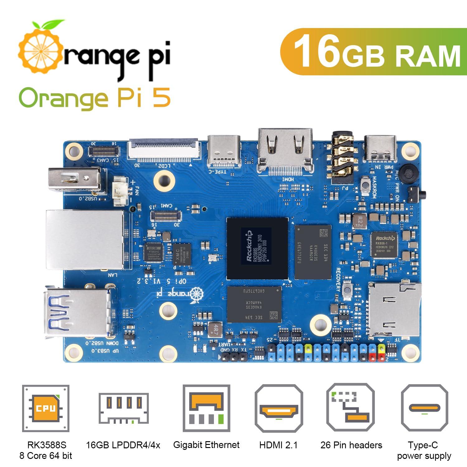 Orange Pi Orange Pi 5 16GB LPDDR4/4X Rockchip RK3588S 8-Core 64 Bit Single Board Computer, Development Board Run Orange Pi/Linux/Ubuntu/Debian/Android OS (16GB)
