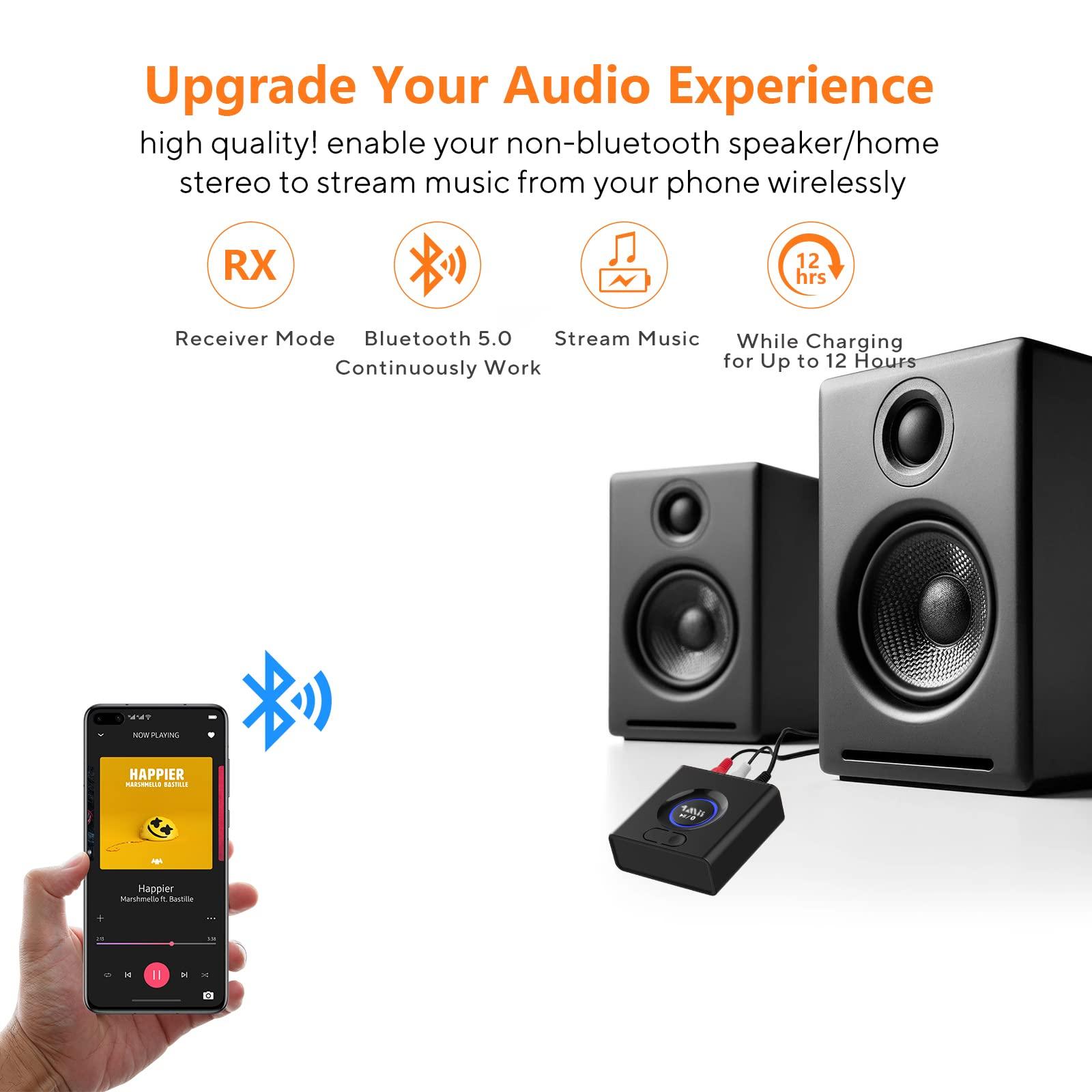 1Mii 1Mii Bluetooth 5.0 Audio Receiver, Wireless Audio Adapter for Home Stereo Music Streaming System with 3.5 mm RCA, Bass Mode, 12hrs Playtime(Upgraded)