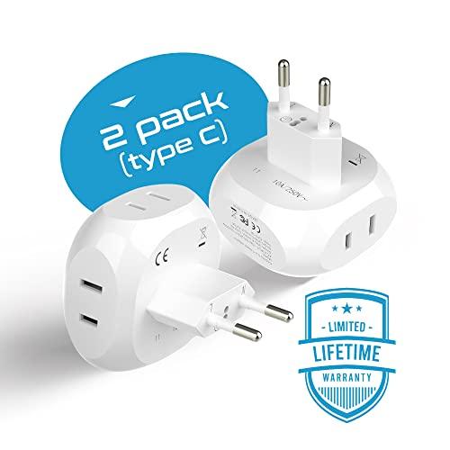 Ceptics Ceptics European Travel Plug Adapter Europe Power Adaptor Charger 4 Input - Ultra Compact - Light Weight - USA to Any Type C Countries Such as Italy, Iceland, Austria and More - 2 Pack (PT-9C)