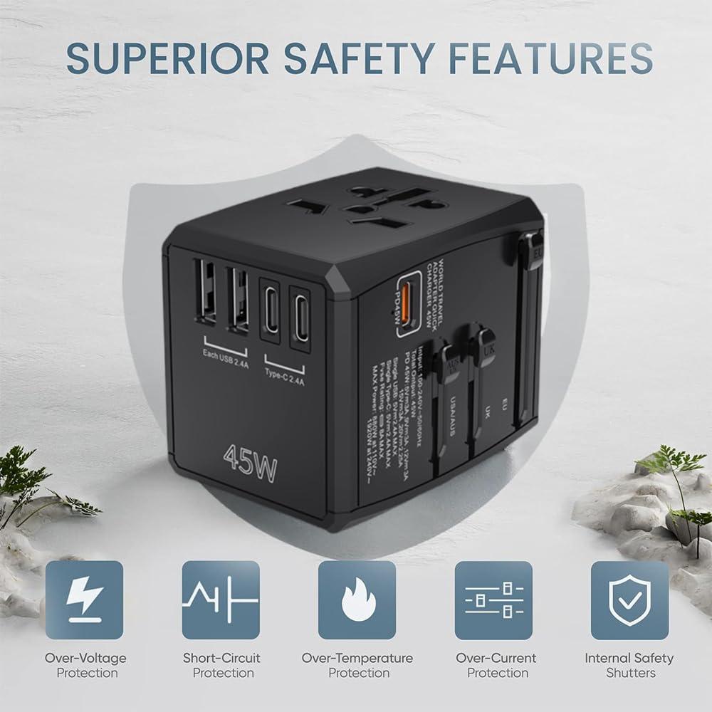 AKiiLOG Universal Travel Adapter, PD 45W International Power Plug Adapter 6 in 1 with 3 USB-C & 2 USB-A Fast Charging, AC Outlet Worldwide Wall Charge Type I C G A for US UK Europe AU Travel