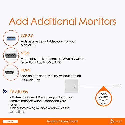 j5create j5create USB to HDMI VGA Multi-Monitor Adapter - Supports Resolutions up to 2048 x 1152 - Compatible with Windows and Mac with USB Type-A 3.0 Port (JUA360)