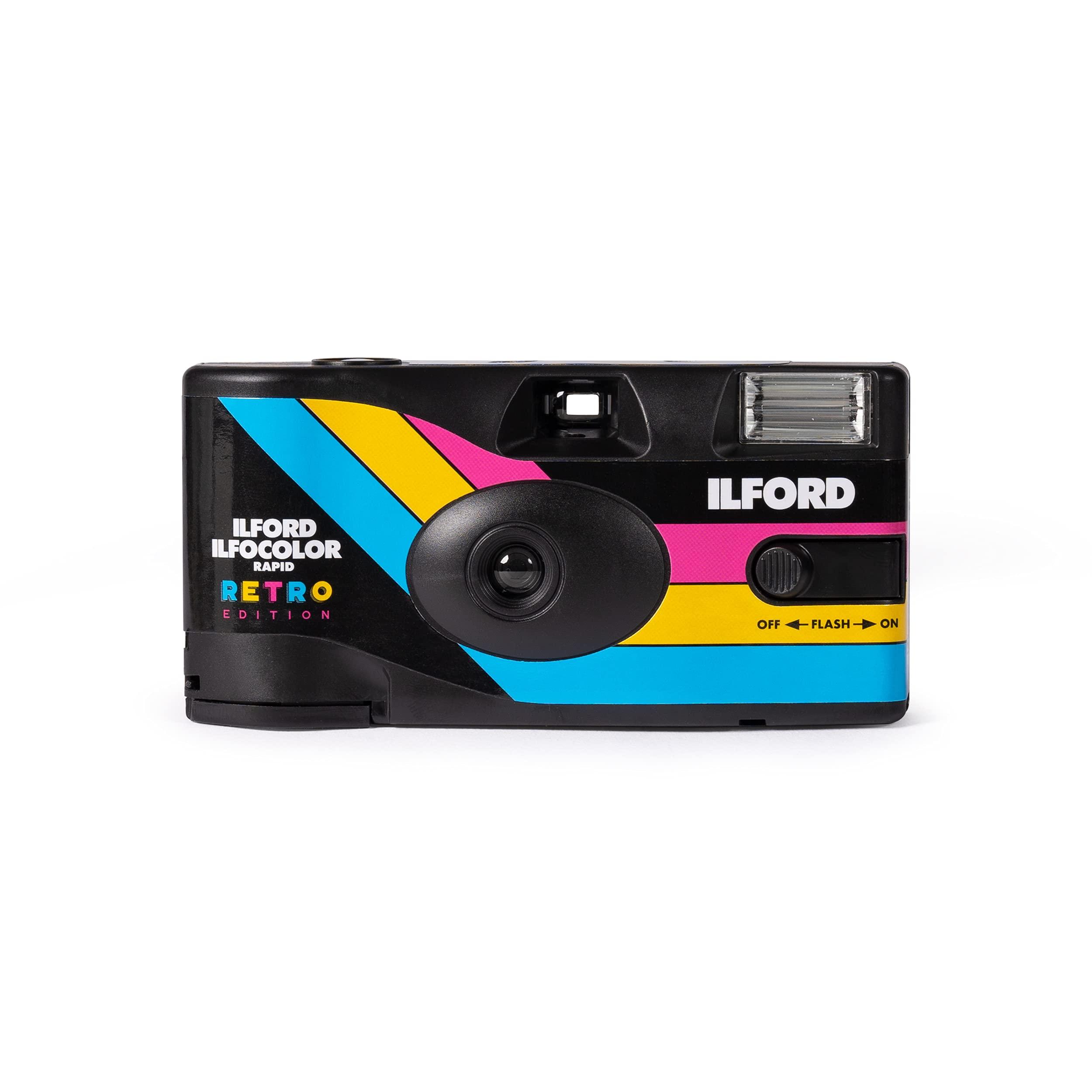 K&M Ilford Ilfocolor Rapid Retro Single Use Camera with 31mm Optical Lens, Pre-Loaded 27-Exposure ISO 400 Color Negative Films, and Built-In Flash (Black)