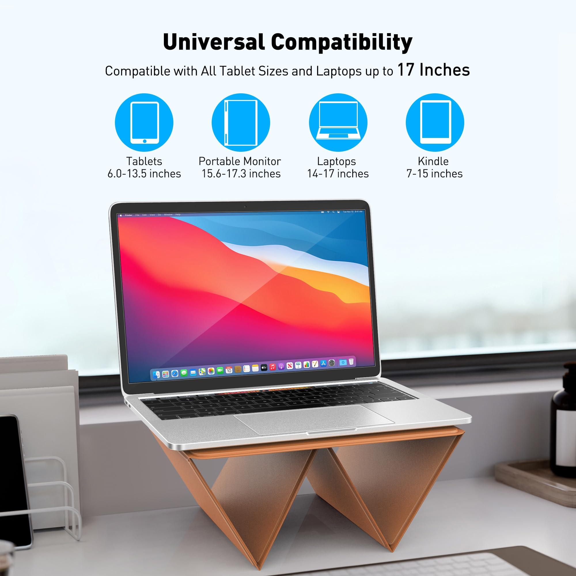 AboveTEK AboveTEK Portable Tablet Stand, 2-in-1 Foldable iPad Stand & Laptop Holder for Desk, Adjustable Travel Stand for 14"~17" MacBook Air/Pro/Tablets/Kindle, Ultra-Sleek PU Leather Computer Riser
