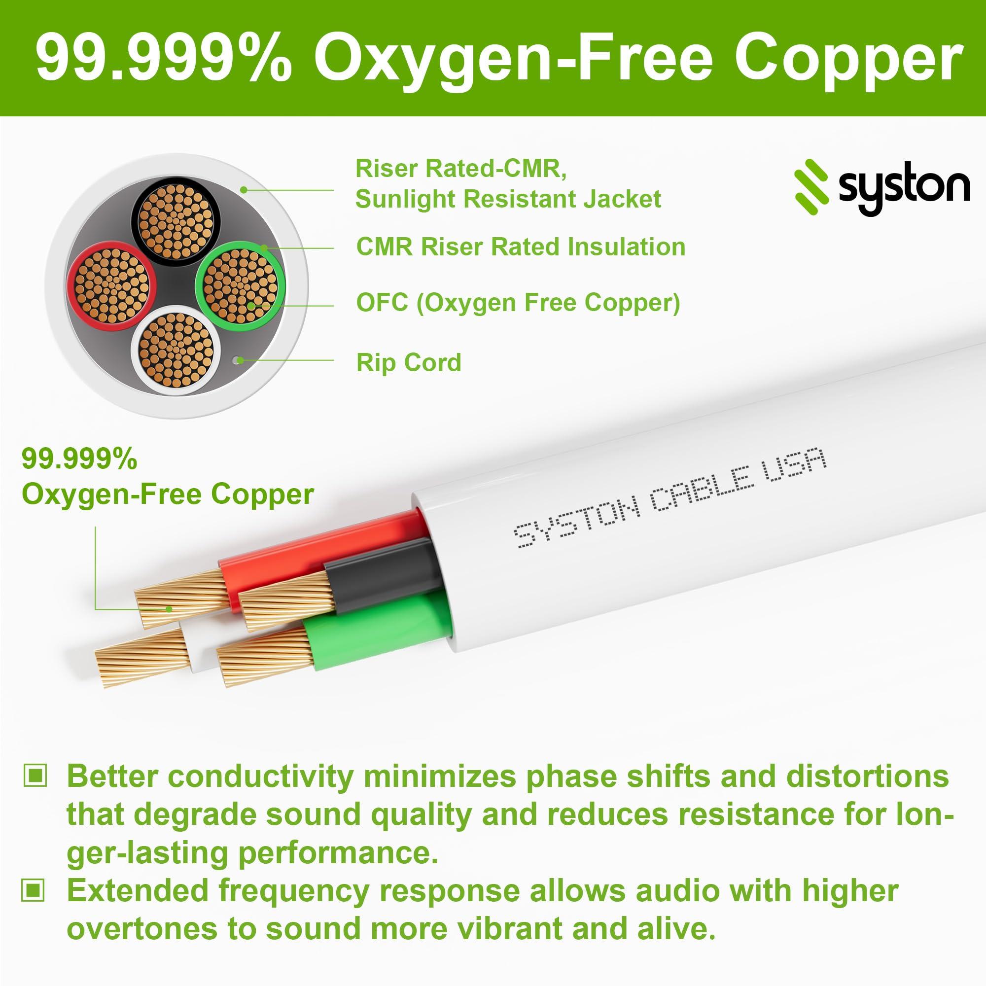 Syston Cable Technology SYSTON 14/4 Speaker Audio Cable Wire Bulk, 14AWG 4C Strand OFC - Oxygen Free Copper Conductors, CMR Riser-Rated Indoor/Outdoor UV Resistant RoHS Compliant for Home Theater Car Speakers, White 100 FT