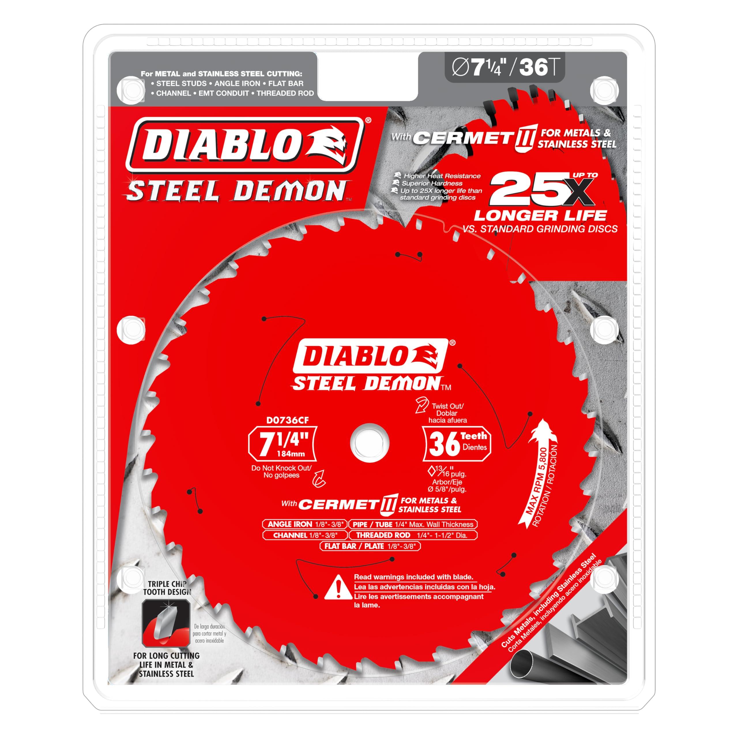Diablo Diablo Steel Demon Cermet II Saw Blade for Thick Metal - 7-1/4" Diameter, 36 TCG Teeth, 5/8" Arbor, .075" Kerf, 0 Hook Angle, .063" Plate, 5800 Max RPM - D0736CF