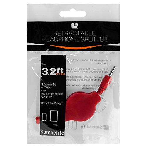 SumacLife SumacLife RetractHeadphoneSplitRED Retractable 3.2-Feet Headphone Splitter Cable, Red