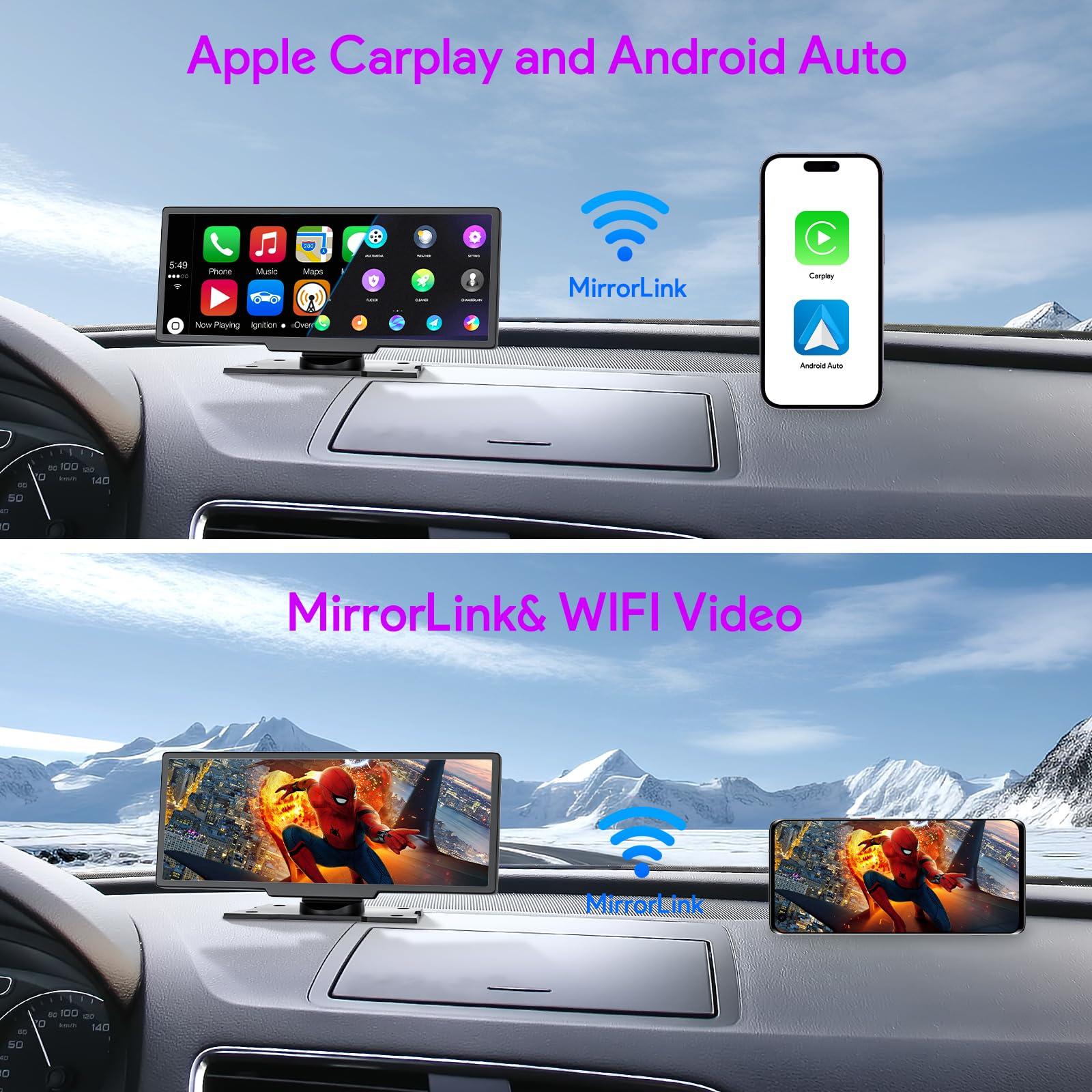 NUOTIAN Wireless Apple Carplay Screen for Car with Backup Camera Compatible with Apple Car Play & Android Auto, GPS Navigation, and Mirror Link, Fits All Vehicles (10.26\")