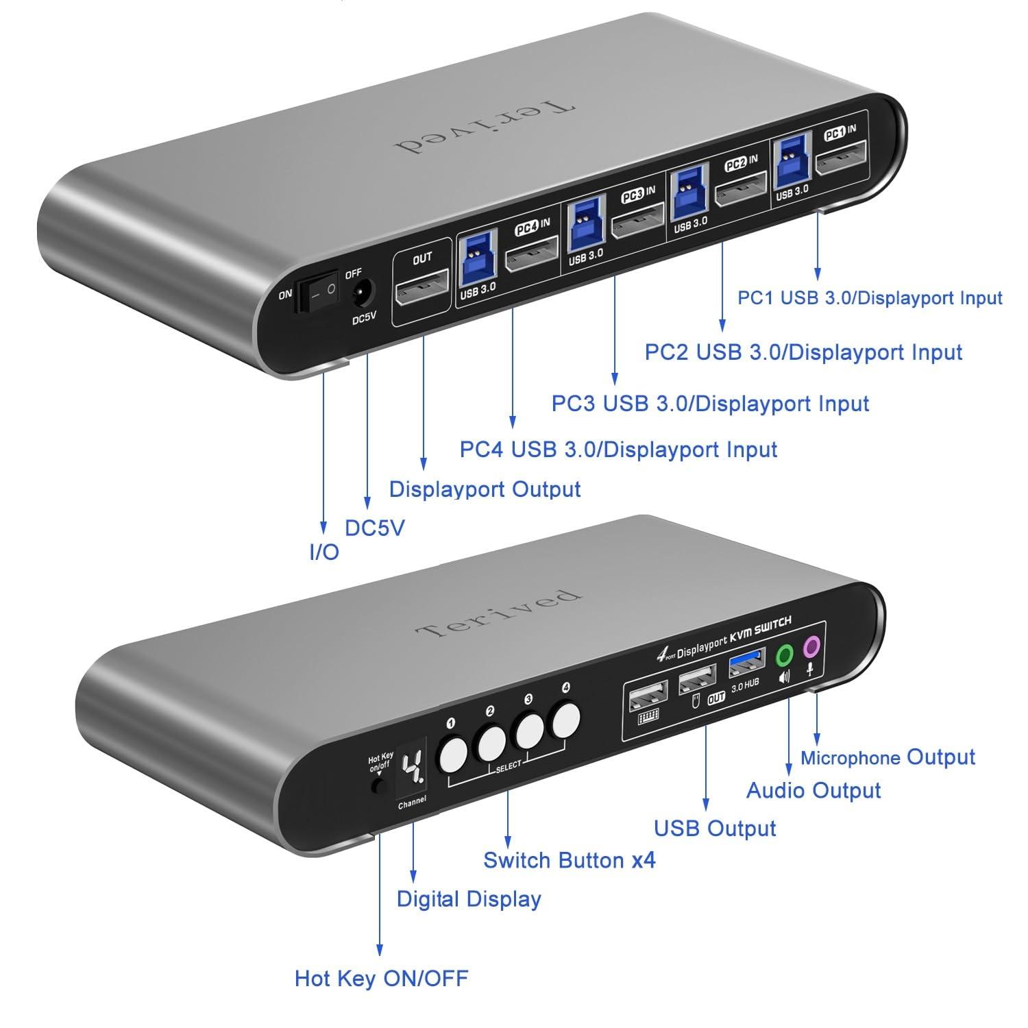 Terived Terived 4 Computers and 1 Monitor DP USB 3.0 KVM Switch 4K@144Hz with Hotkey Switching and Audio Port, Digital Display Aluminum Body Cables inclued