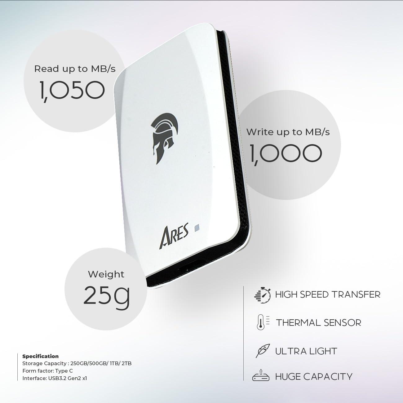 DATO DATO External SSD 1TB, Portable SSD External Solid State Drive, USB 3.2 Gen 2x1 Type C Up to 1050/1000 MB/s, Super Light and Compact Portable Solid State Drive - ARES Torch