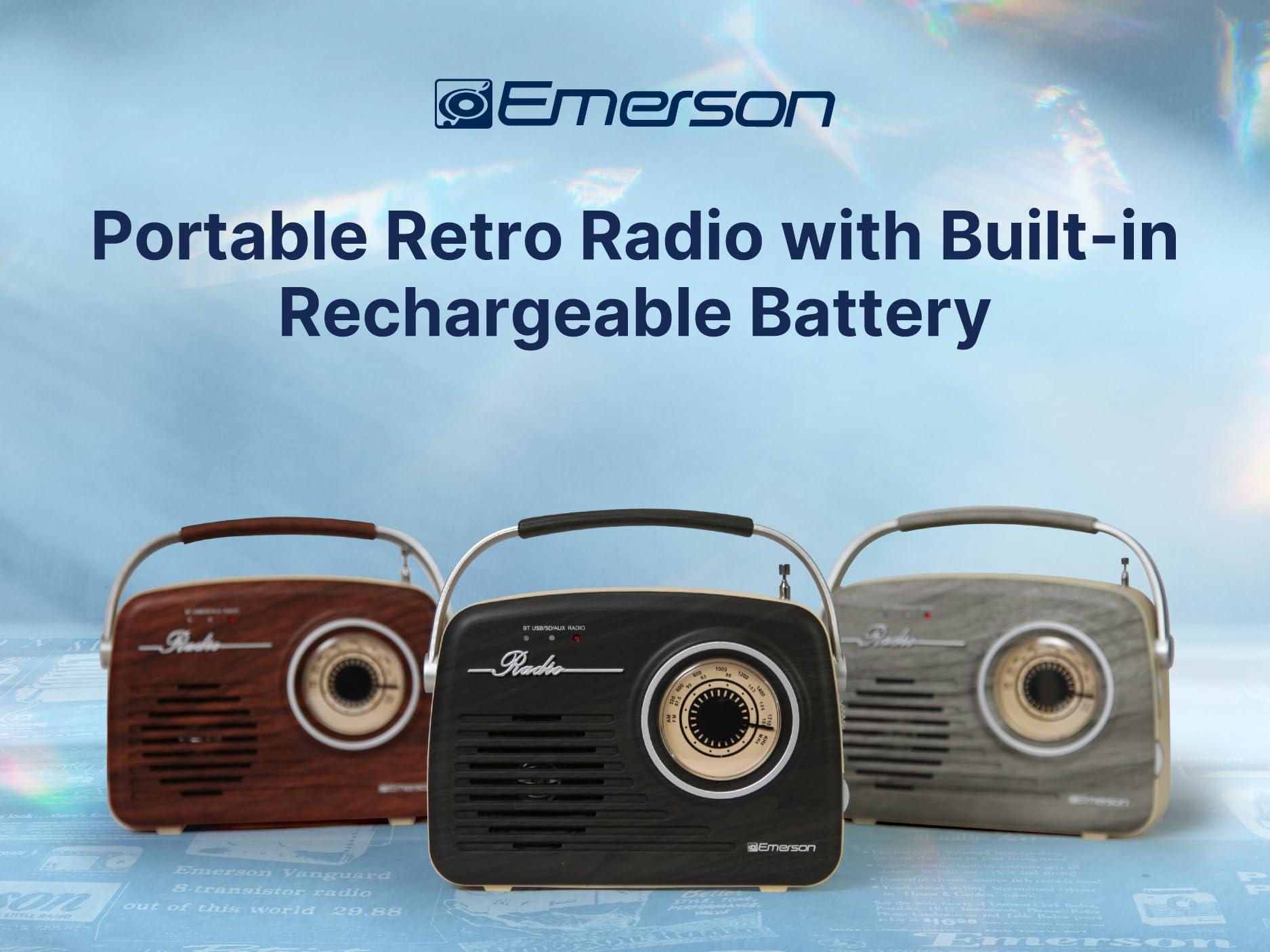 Emerson Emerson EAS-3002 Portable Bluetooth Retro Radio with AM/FM Tuner, USB/AUX Inputs, Built-in Rechargeable Battery, and Carrying Handle, Espresso