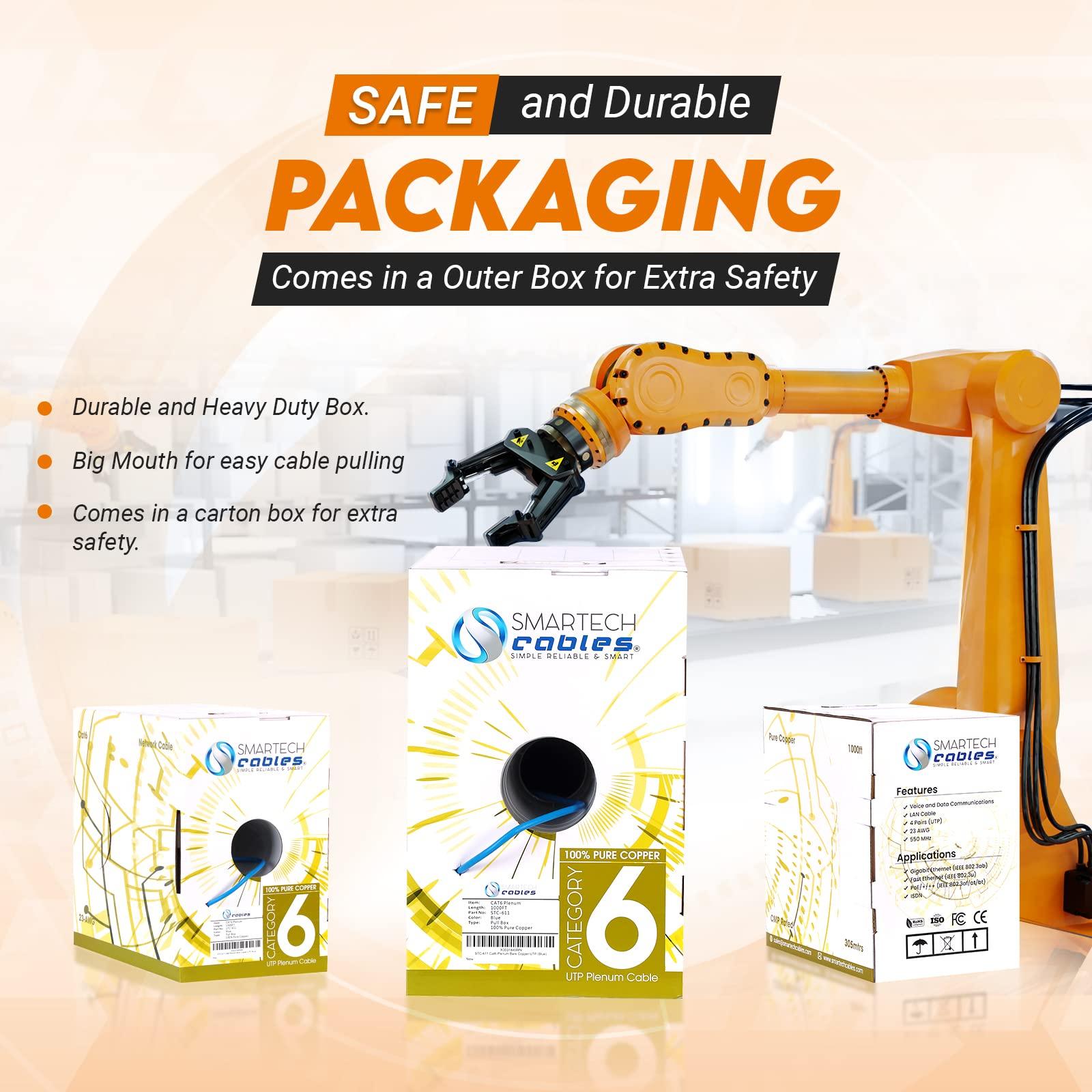 Smartech Cables CAT6 Plenum (CMP) 1000ft Bulk Ethernet Cable | Certified 100% Pure Solid Bare Copper | 550MHz, 23AWG, UTP | High Bandwidth & Stable Performance