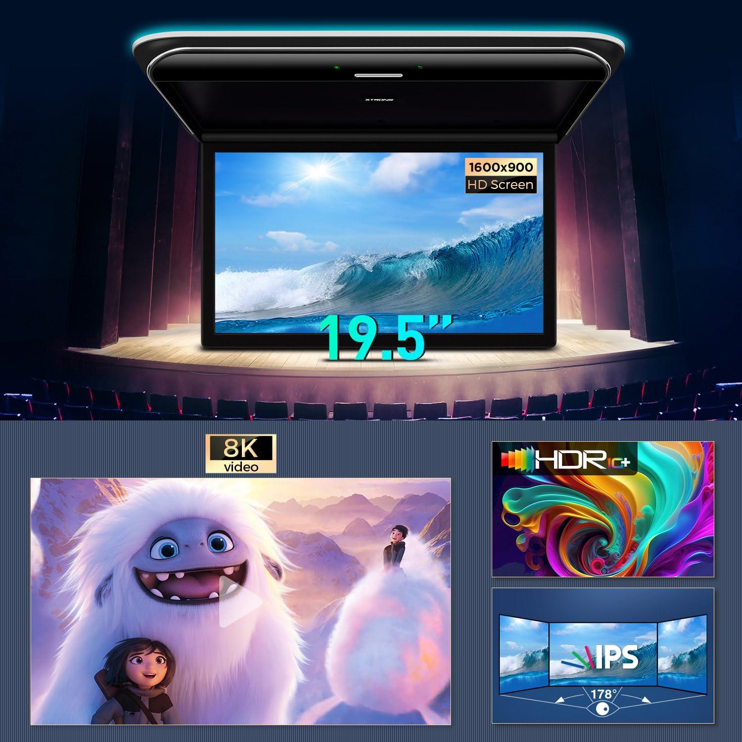 XTRONS XTRONS Android Car Overhead Player 19.5 Inch Wide IPS Screen 8K Video Car Roof Mount Monitor with Built-in Stereo Speakers Flip Down Overhead Car Monitor Support WiFi, HDMI Input, USB, RCA Input