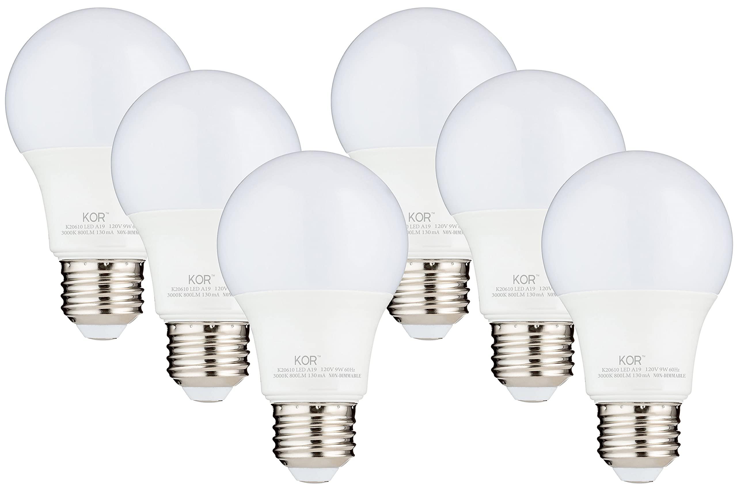 KOR KOR (Pack of 6) 9W LED A19 Light Bulb (60W Equivalent), UL Listed, 3000K (Soft White), 750 Lumens, Non-Dimmable, LED 9 Watt Standard Replacement Bulbs, with E26 Base, 15000 Hours, Long Life