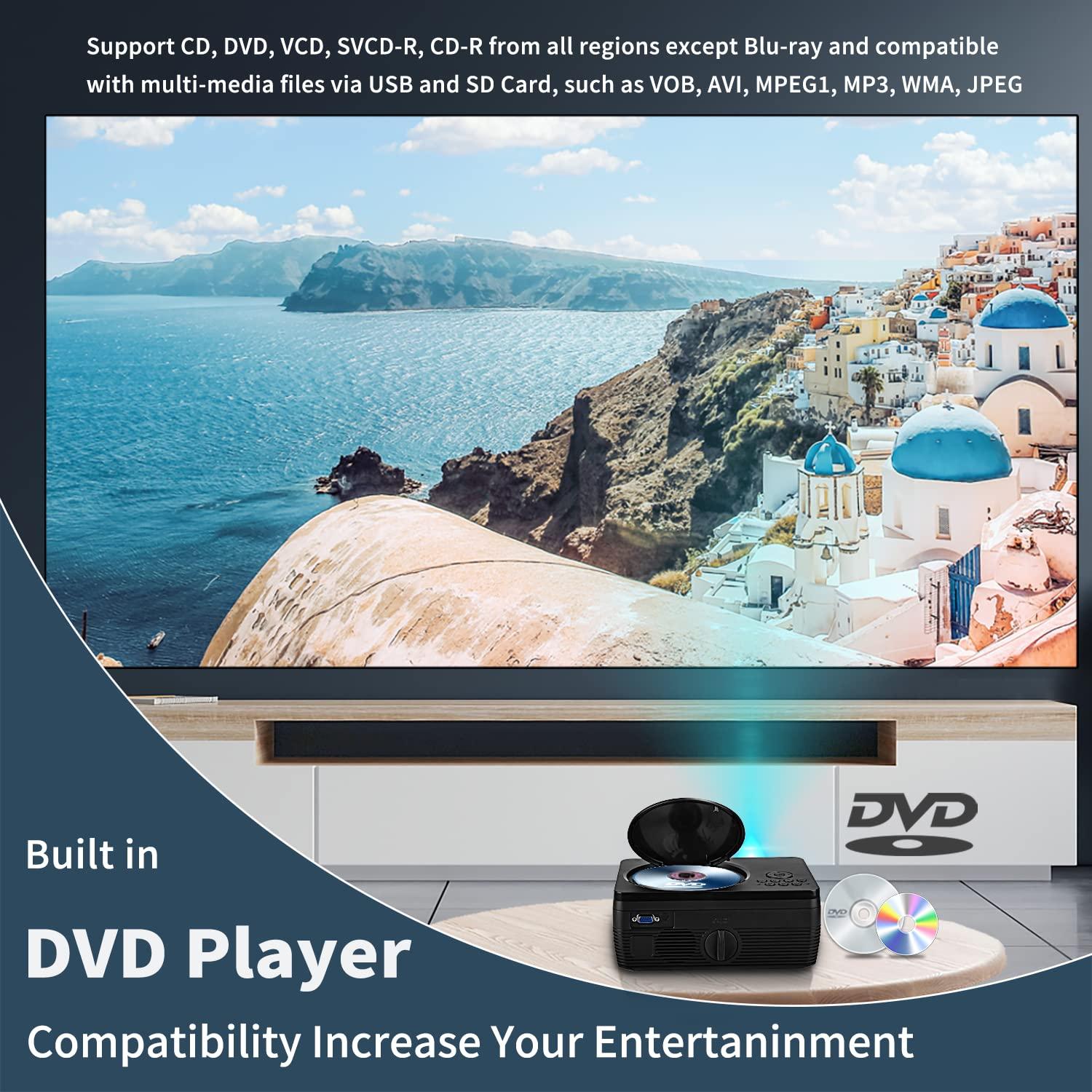 AcmyslaT DVD Projector Portable Built in DVD Player HD 1080P Supported Movie Projector for Outdoor Use Compatible with HDMI, USB, AV, TF, VGA, TV Stick