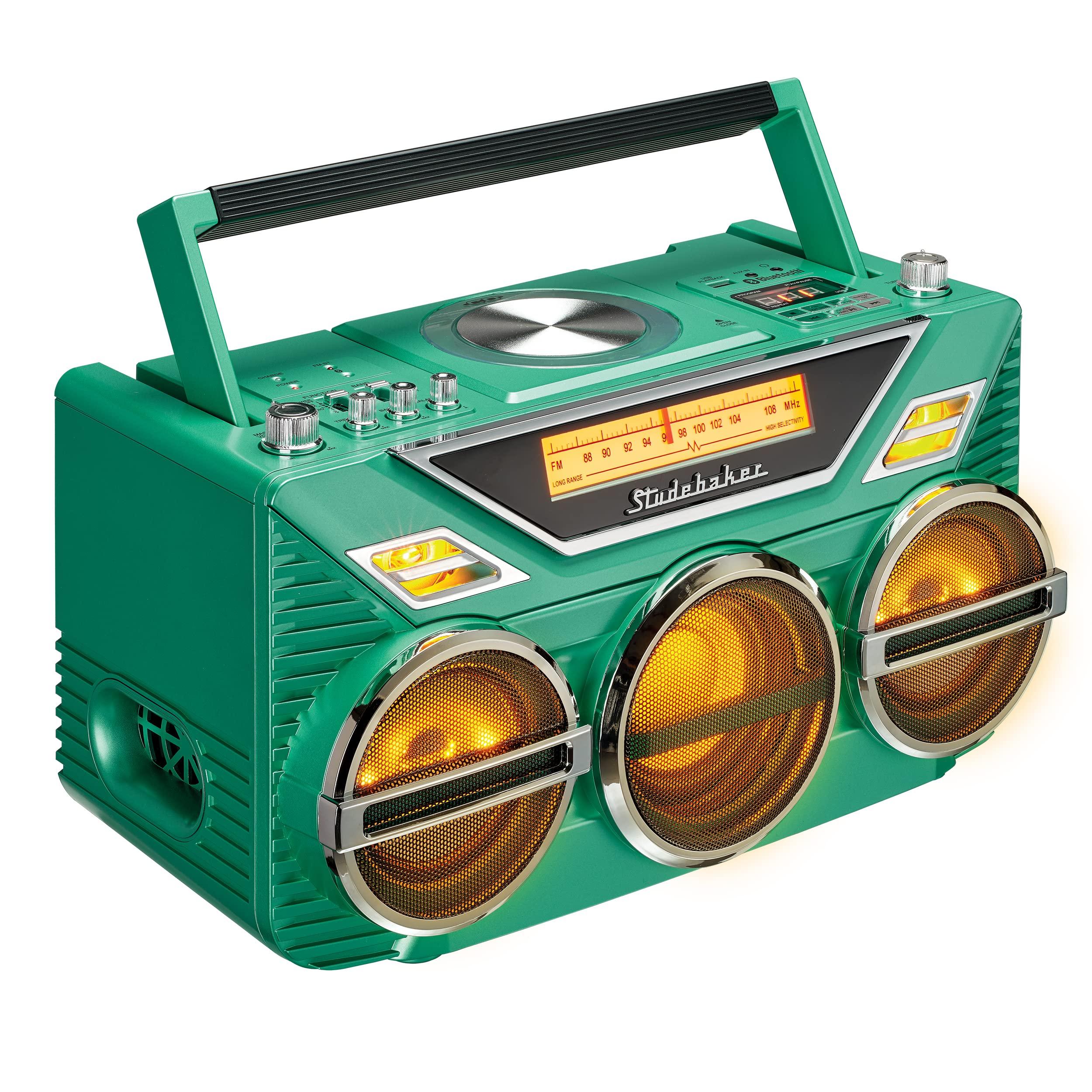 Studebaker Retro Studebaker Avanti Stereo Boombox with CD, FM Stereo Radio, Bluetooth Receive and Transmit, LED Light Show and 15W Subwoofer for High Power Bass (Teal)