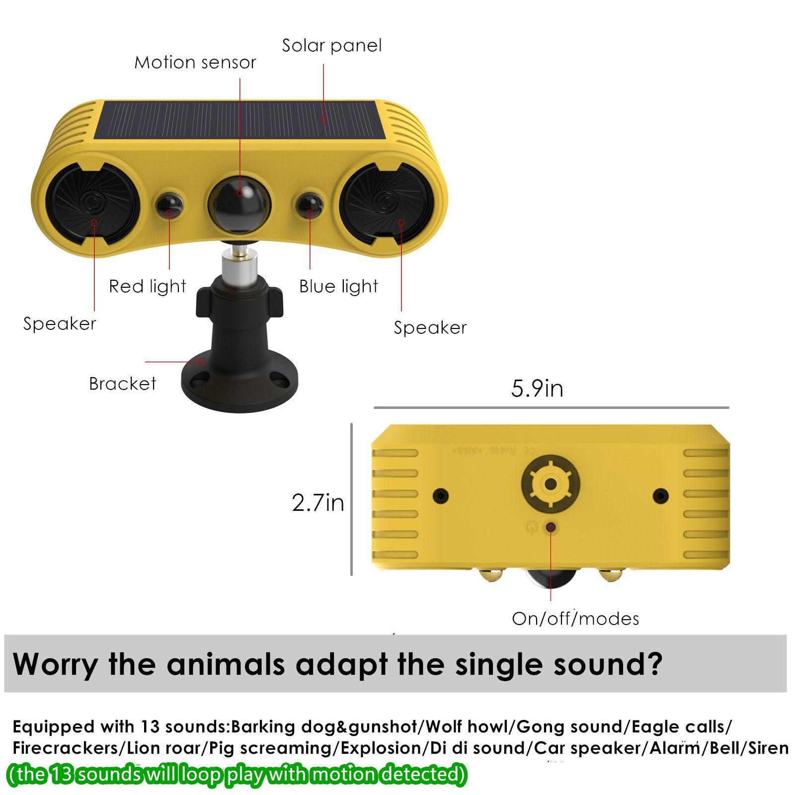 HULPPRE HULPPRE Solar Outdoor Motion Sensor Alarm-13 Sounds Including Dog Barking&Gunshot,2*130db Loud Noise Maker,4 Modes,Red&Blue Motion Activated Strobe Light,Say Goodbye to The Intruders