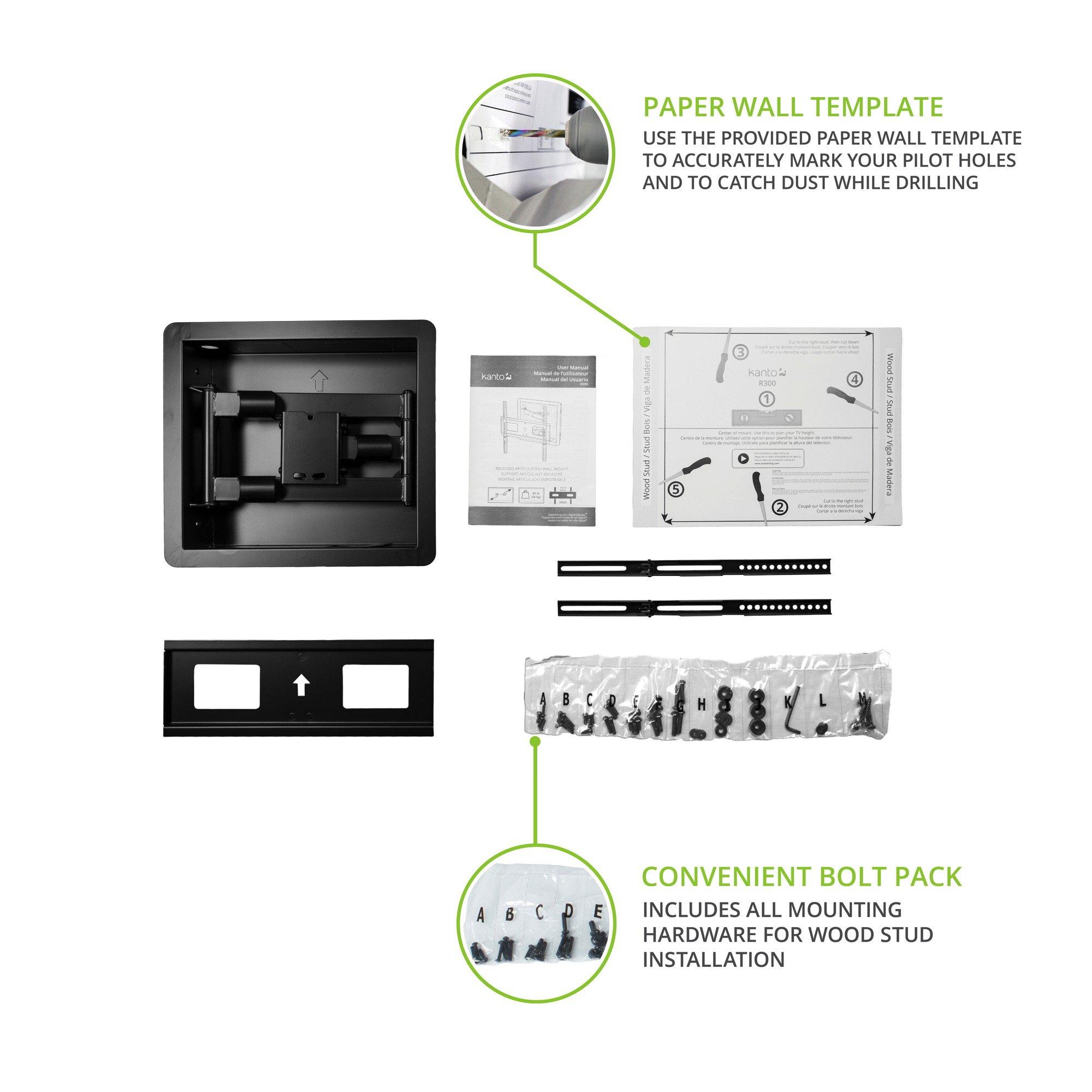 Kanto Kanto R300 Recessed In-Wall Full Motion Articulating TV Mount for 32-inch to 55-inch TVs | Ultra Low Profile | Swivel and Tilt Capable | Cable Management for Clean Setup | Black