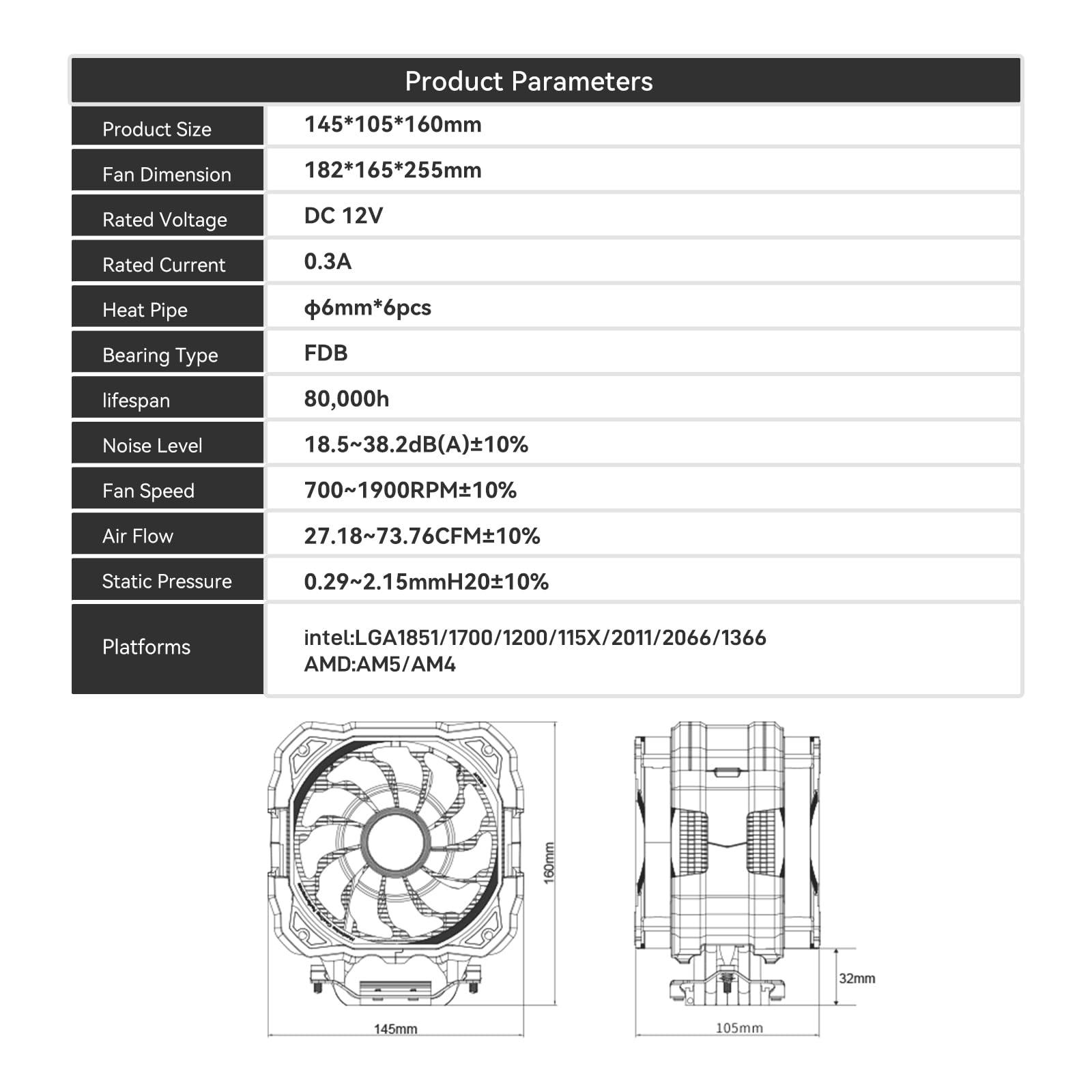 ALSEYE ALSEYE M120D Plus CPU Cooler with Temperature Display, Dual ARGB & PWM Fans, 6 Copper Heat Pipes - Compatible with Intel LGA1700/1200/115X/2011/2066/1366 and AMD AM4/AM5 - Easy Installation - White