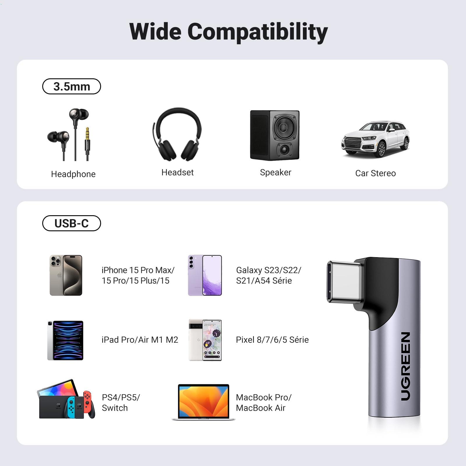 UGREEN UGREEN USB Type C to Headphone Adapter Right Angle USB C to 3.5mm Audio Adapter Bundle with 3.5mm Audio Cable Braided 4-Pole