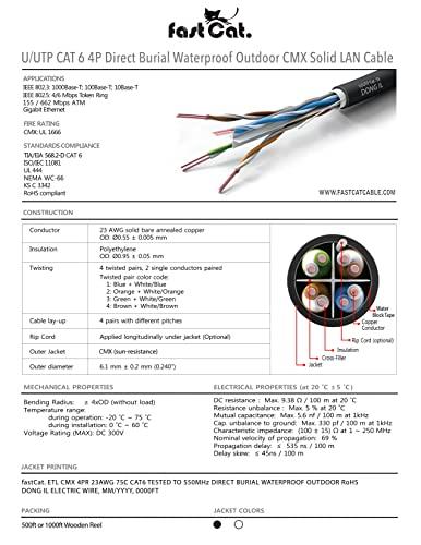 fast Cat. fast Cat. Cat6 Direct Burial Outdoor Ethernet Cable 1000ft - Waterproof Cat6 Cable with 23AWG Solid Copper Conductors - CMX, UTP 550MHz, PoE++ (4PPoE), ETL & UL Listed, Bulk Ethernet Cable (Black)