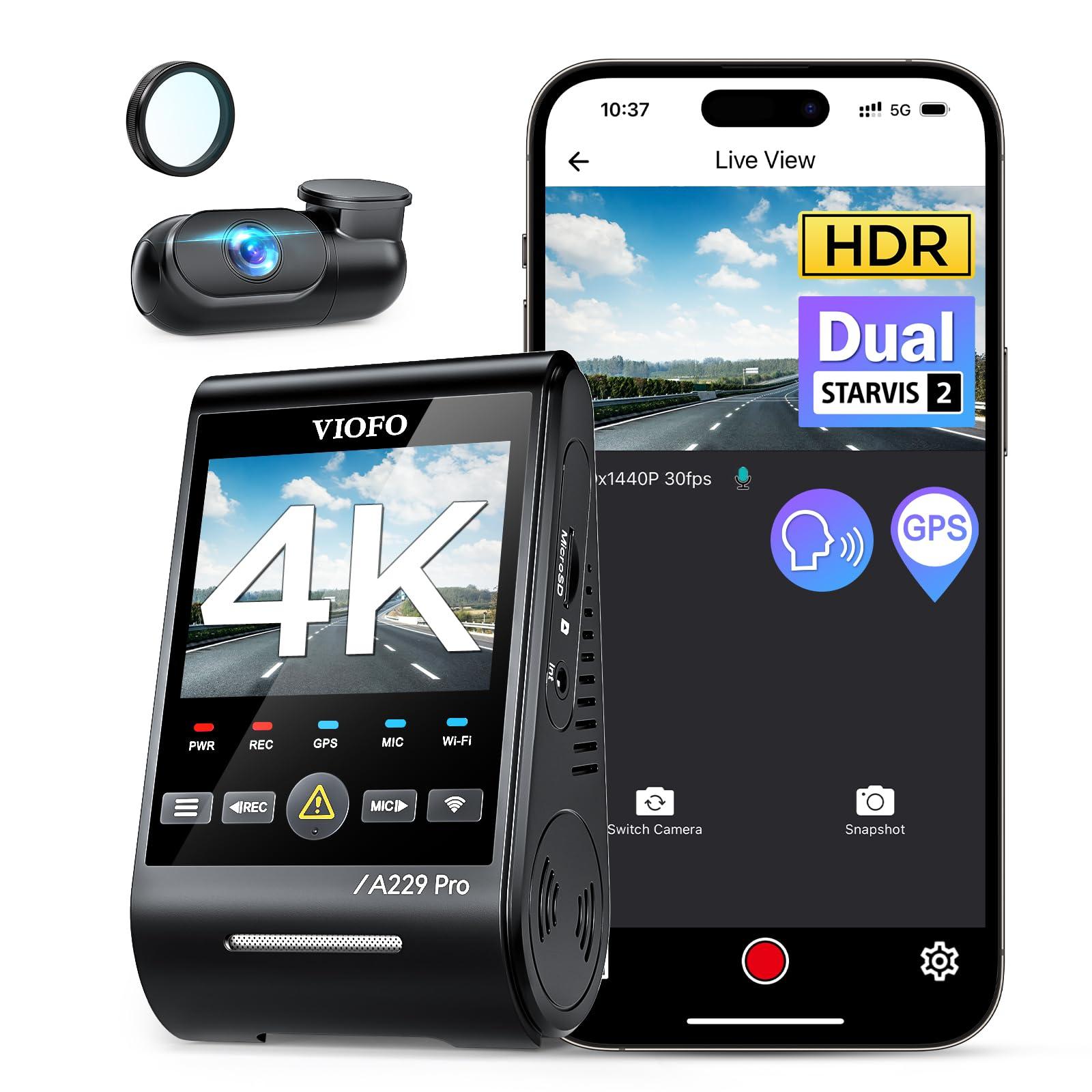 VIOFO VIOFO A229 Pro 4K HDR Dash Cam, Dual STARVIS 2 IMX678 IMX675, 4K+2K Front and Rear Car Camera, 2 Channel with HDR, Voice Control, 5GHz WiFi GPS, Night Vision 2.0, 24H Parking Mode, Support 512GB Max